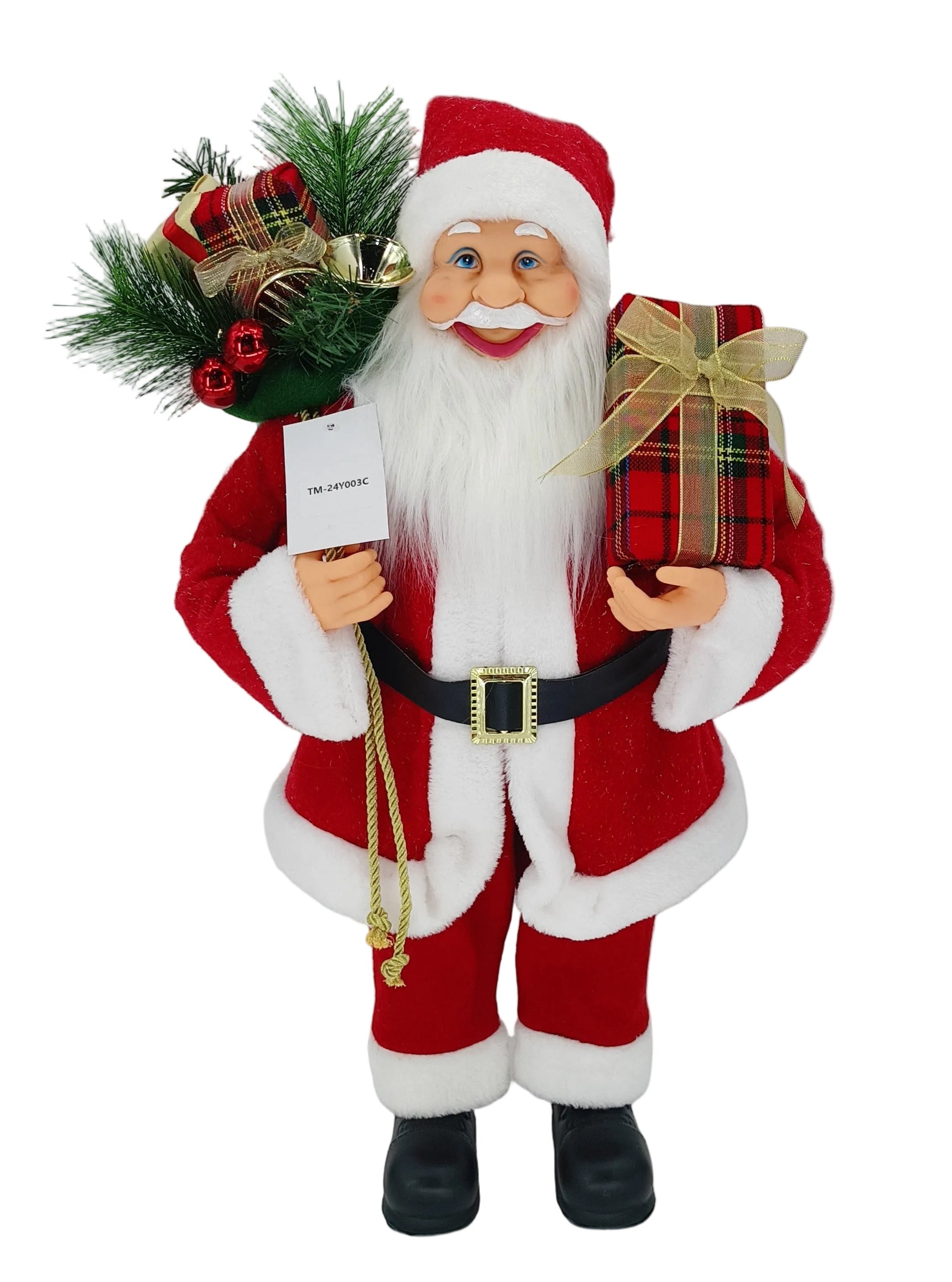 A 60cm tall Santa Claus figure in red and white suit holding a Christmas present and has sack on his back with Christmas greenery.