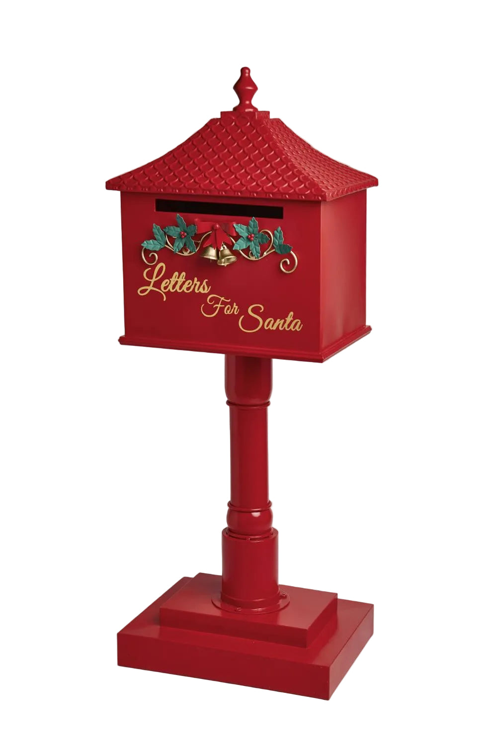 Red mailbox with 'Letters for Santa' text on a white background