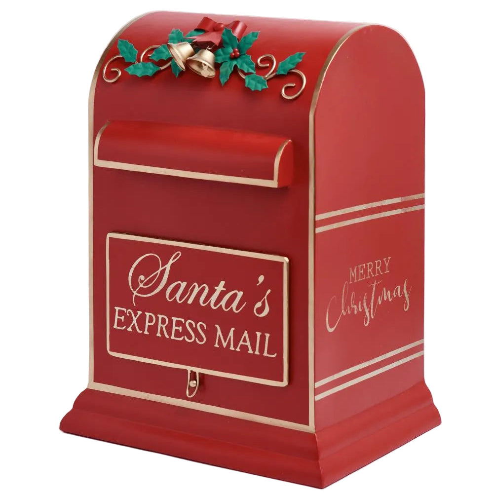 Red mailbox with 'Santa's Express Mail' text and Christmas decorations on a white background