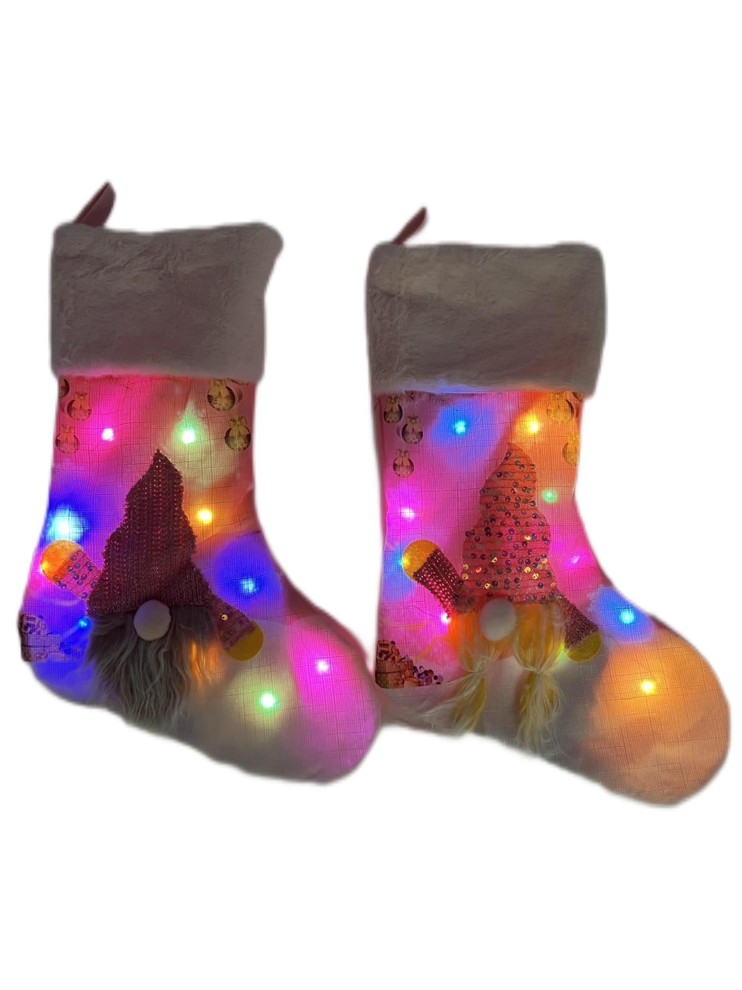 S/2 PINK STOCKINGS W LIGHTS
