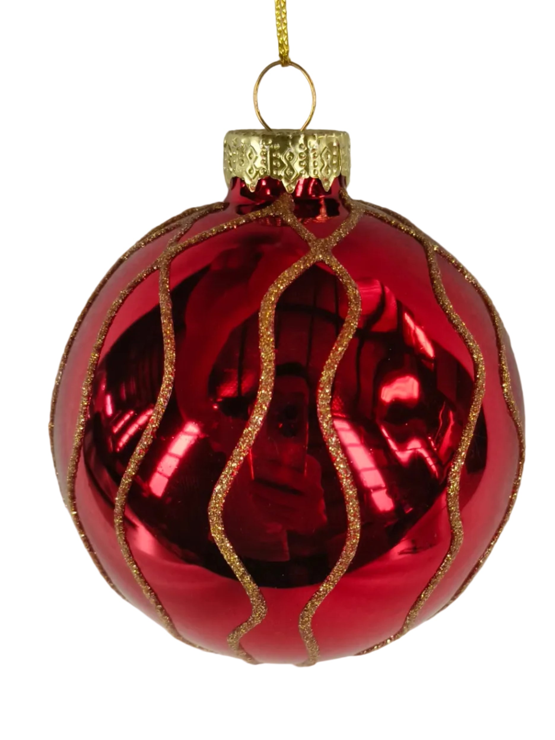 S/4 RED GOLD GLASS BALLS 8CM
