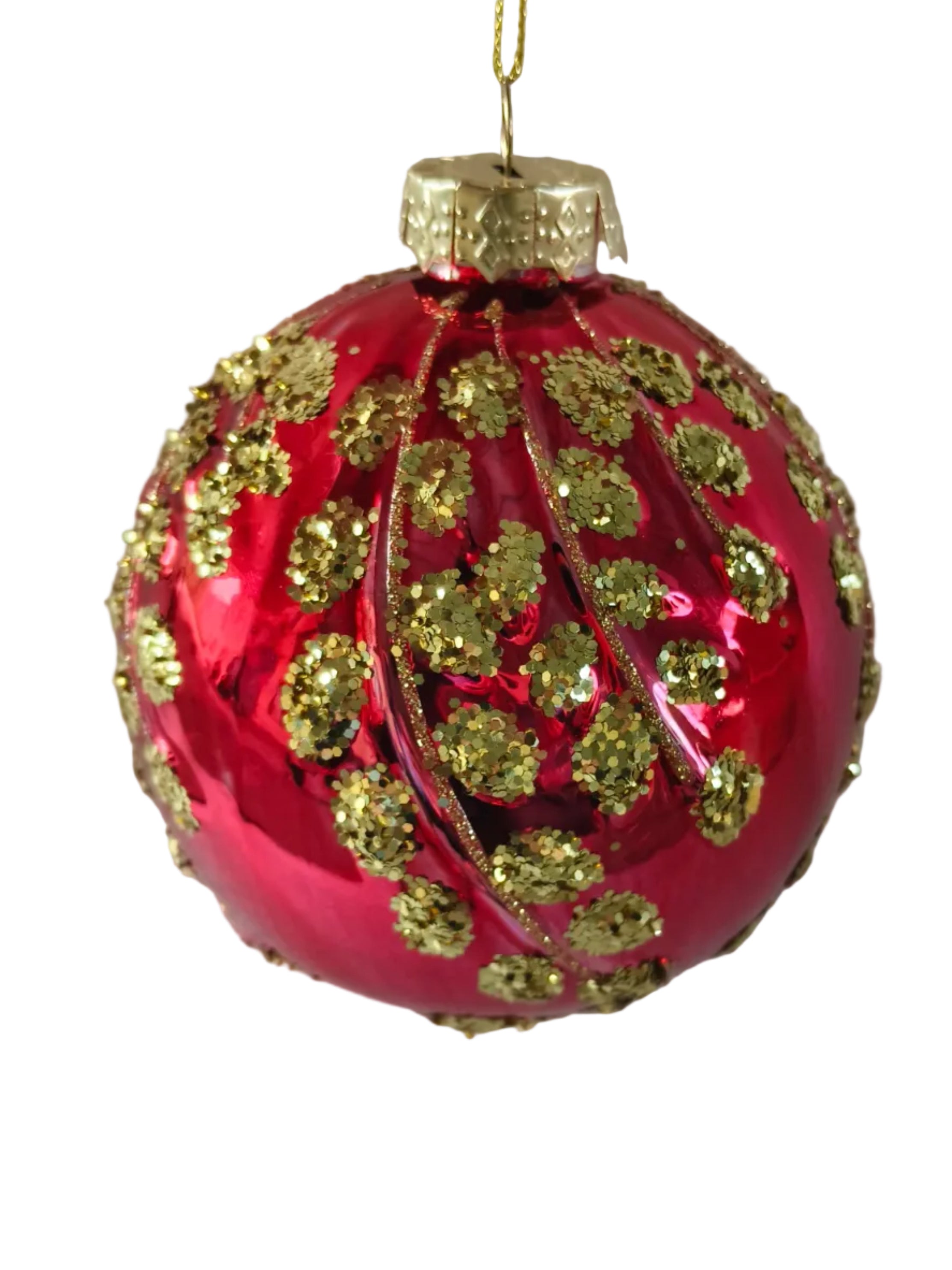 S/2 RED GOLD GLASS BALLS LEAF PRINT 10CM