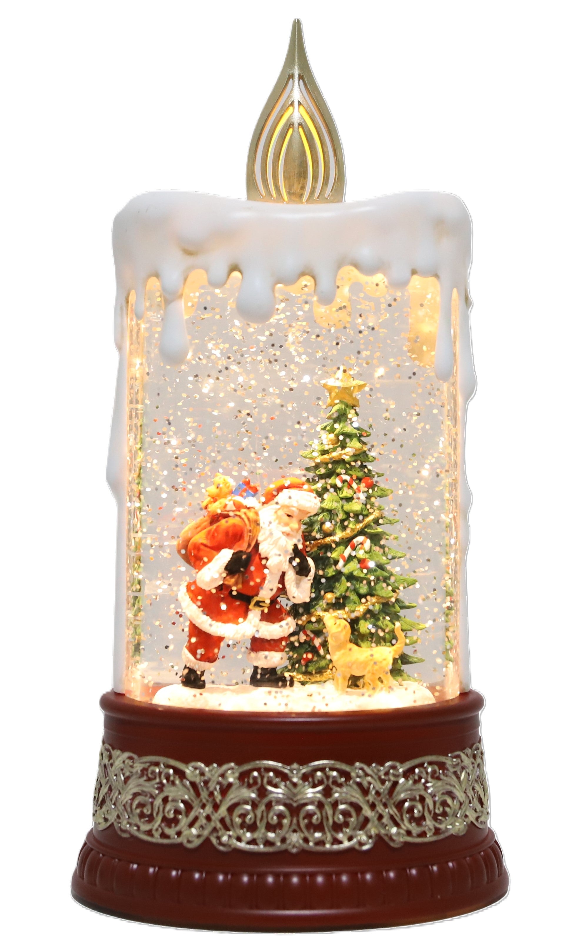 A Christmas-themed candle-shaped snow globe with a glowing Santa Claus and tree inside, featuring a white wax-look top, gold flame detail, and an ornate dark brown base.