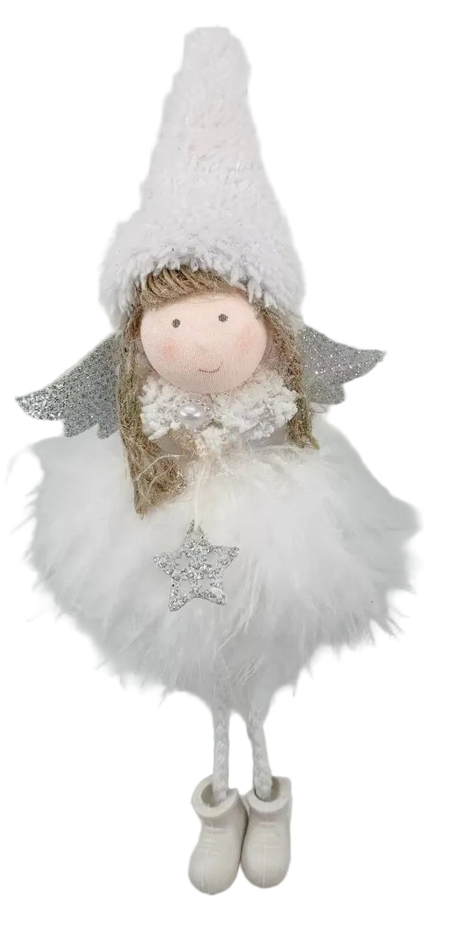 A white angel doll with a fluffy pointed hat, silver glitter wings, a silver star ornament, and white boots.