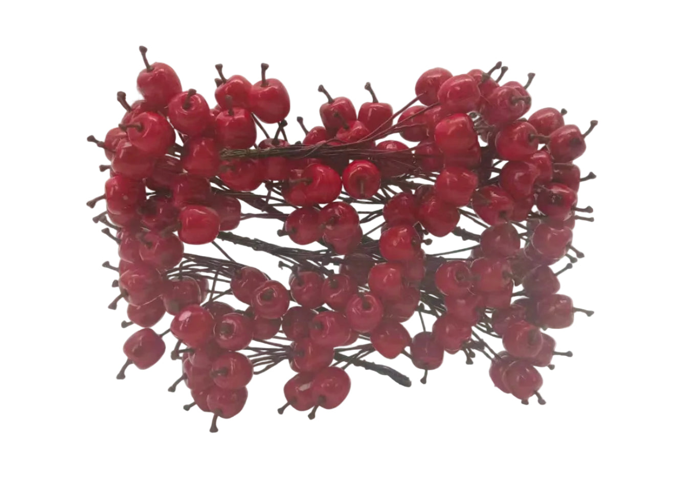 A bundle of artificial red berries with dark stems, enclosed in a clear rectangular plastic box.