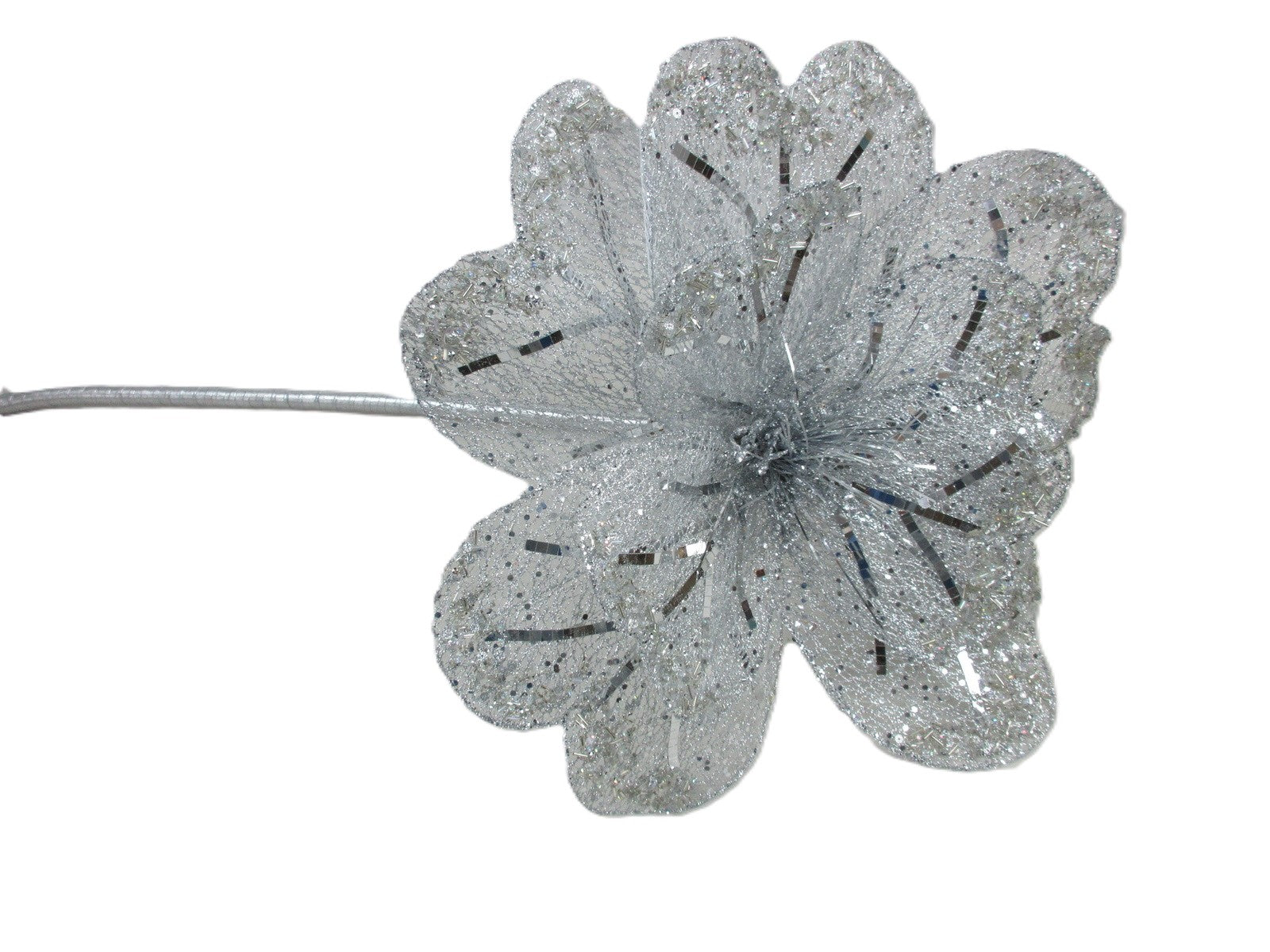 A single silver glitter artificial flower with a long wire stem.