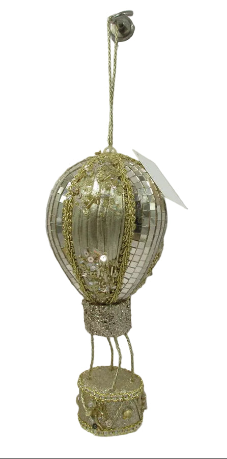 A gold hot air balloon hanging ornament with a mirrored glass globe body, gold wire frame structure, and a matching gold basket.