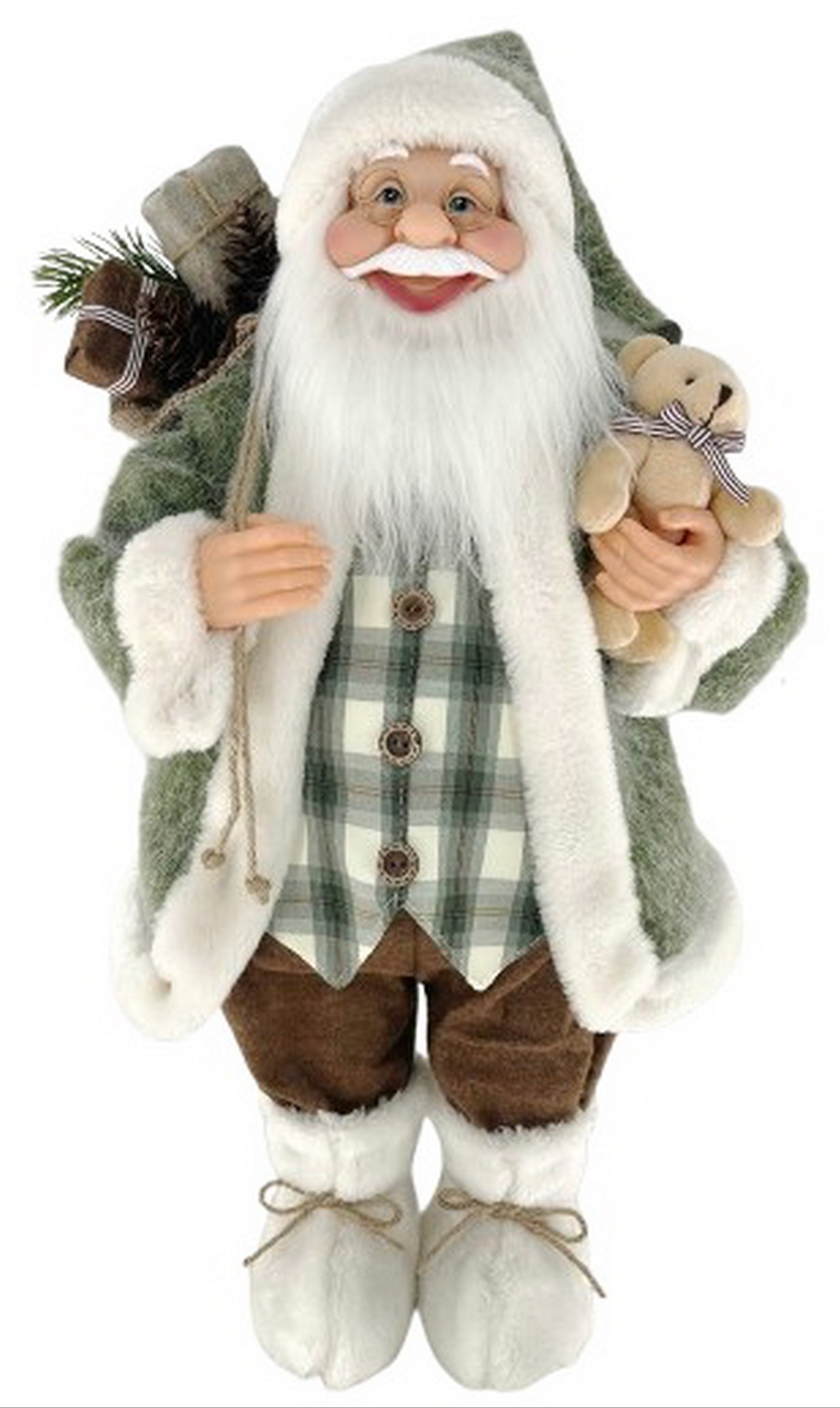 A festive Santa Claus holding a brown teddy bear and a sack with presents, wearing a green plaid vest, brown pants, white boots, and a green hat.