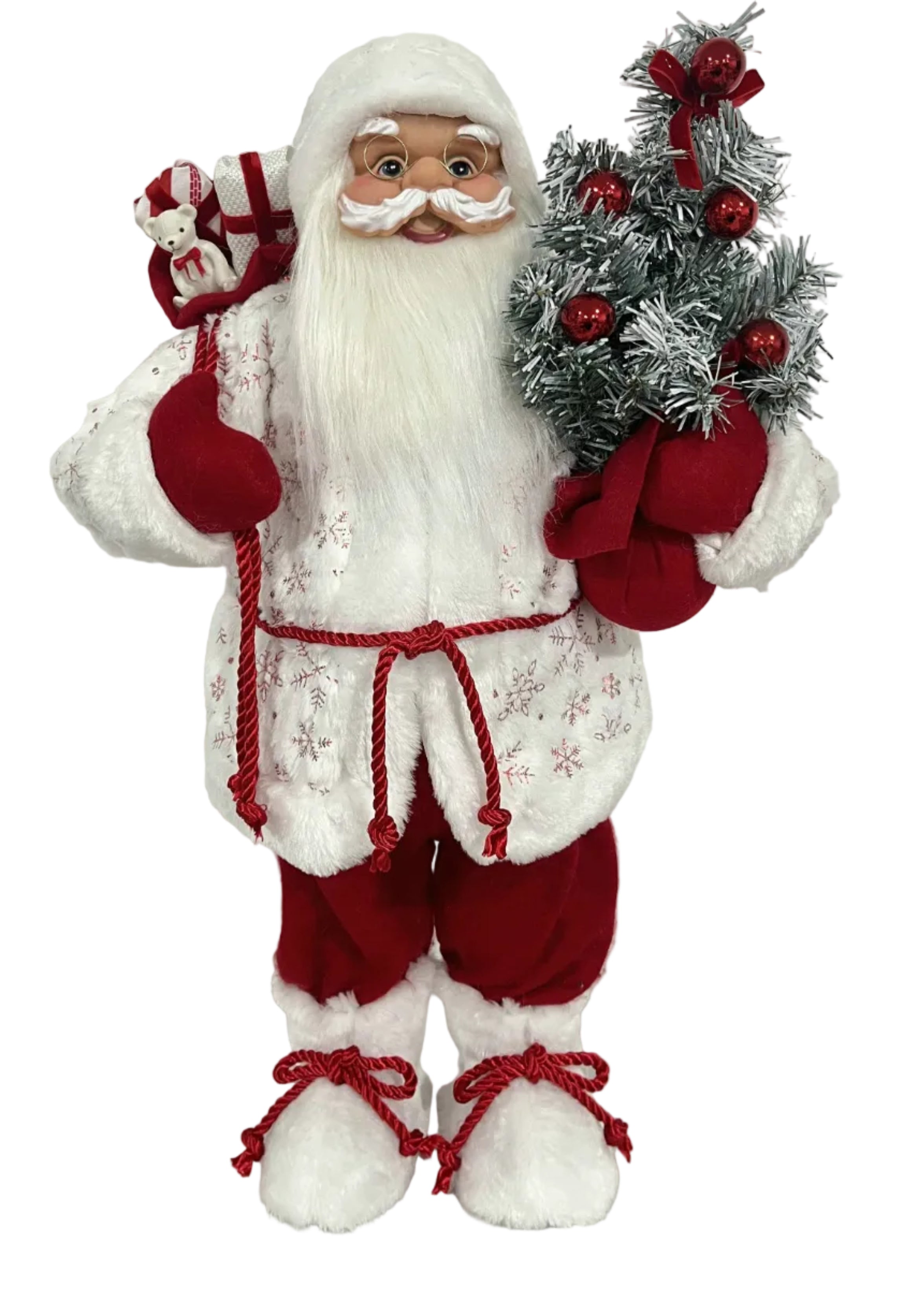 A 60cm tall red and white Santa Claus figure holding a Christmas tree and presents.