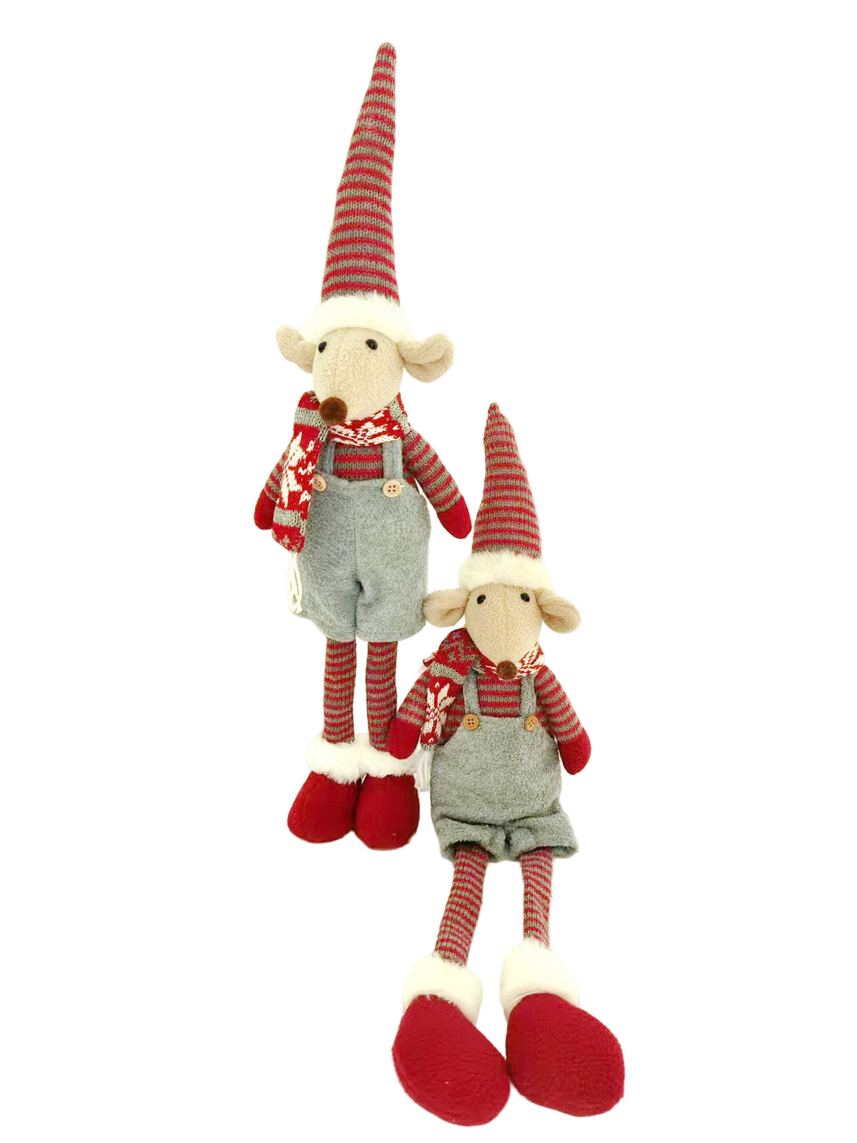 Two plush Christmas mice with red and grey striped hats, red-and-grey striped sleeves and socks, grey denim-style overalls, and red shoes