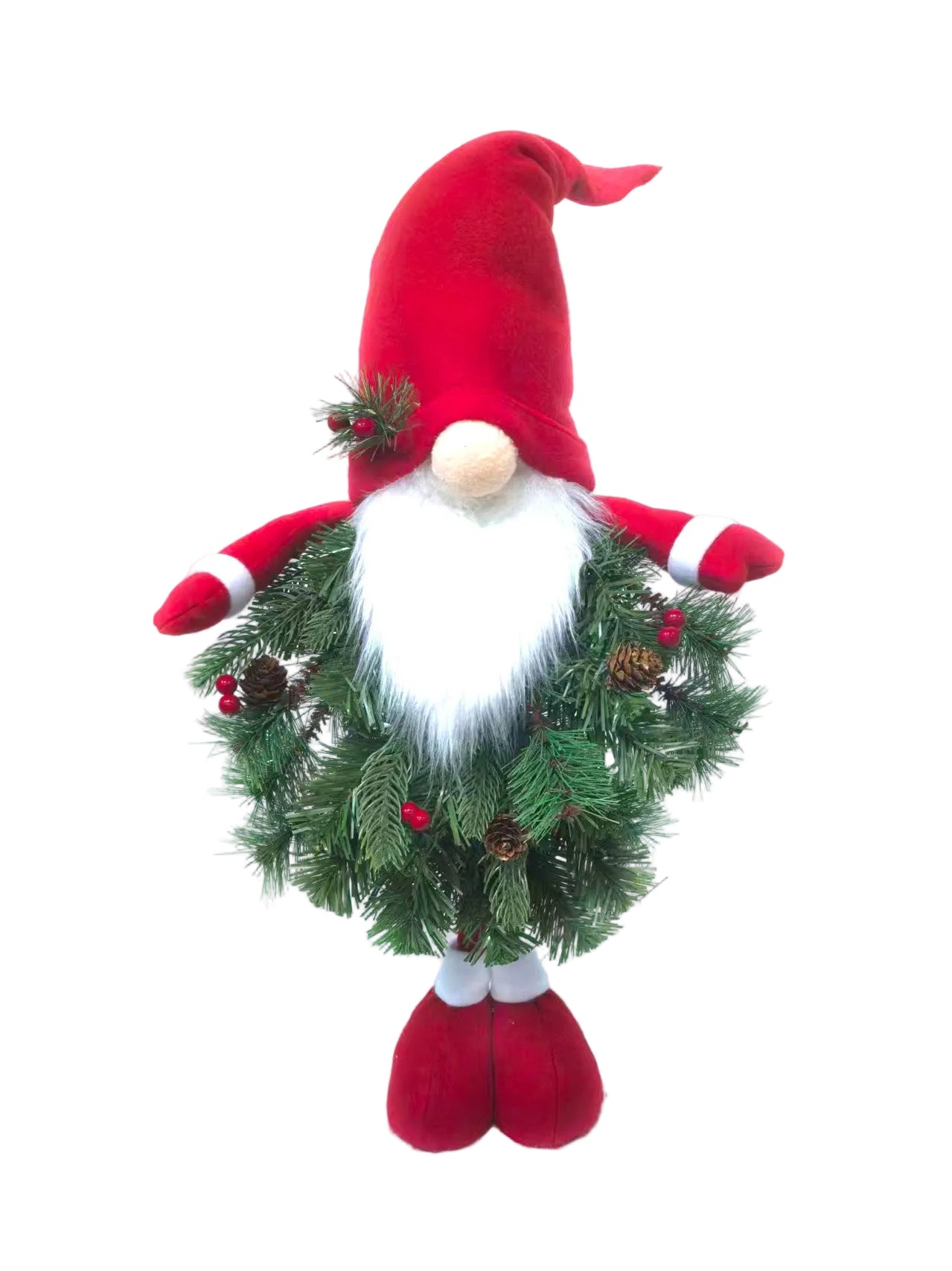 A Christmas gnome decoration with a red velvet hat, white beard, red shoes, and a green pine wreath body decorated with pinecones and berries.