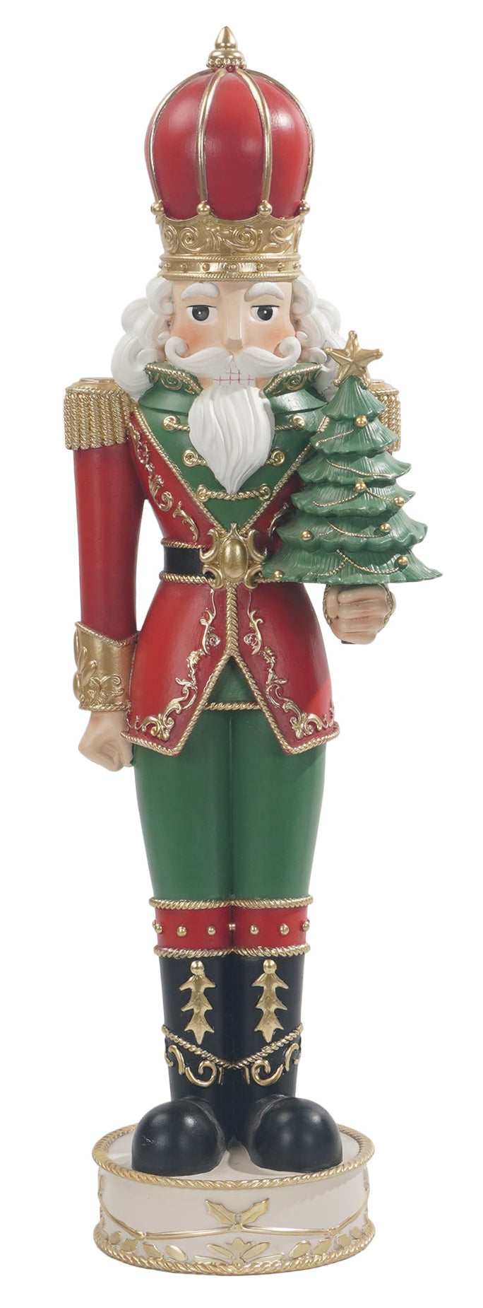 A festive nutcracker soldier figurine wearing a red and green uniform with gold trim, a red crown, white beard, and holding a small green Christmas tree, standing on a decorative base.