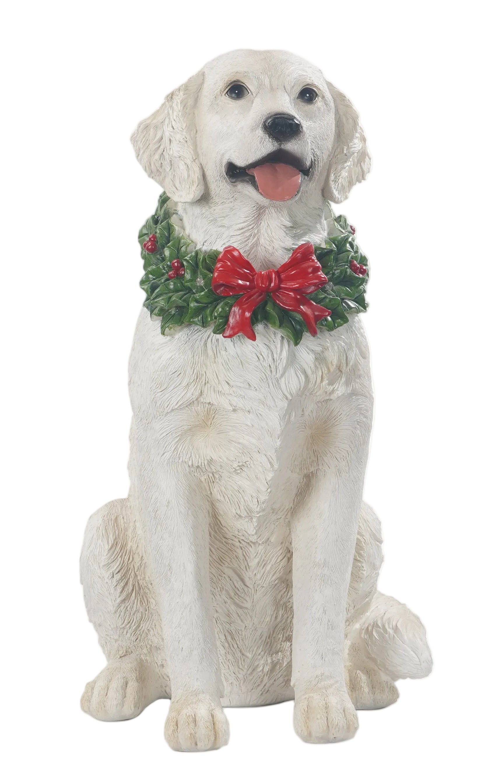 A sitting golden retriever figurine wearing a green holiday wreath with a red bow.