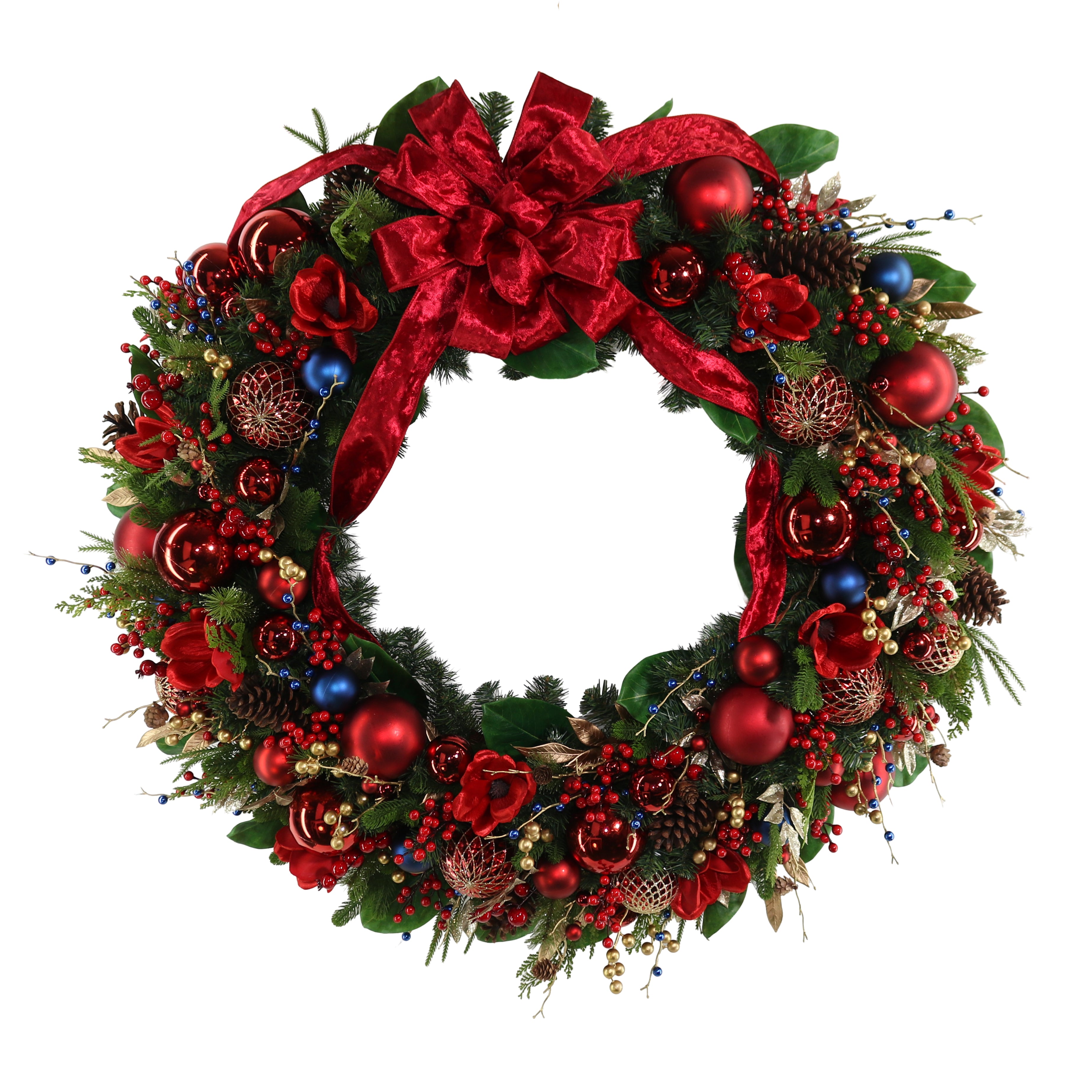 Decorative Christmas wreath with red bow and ornaments.