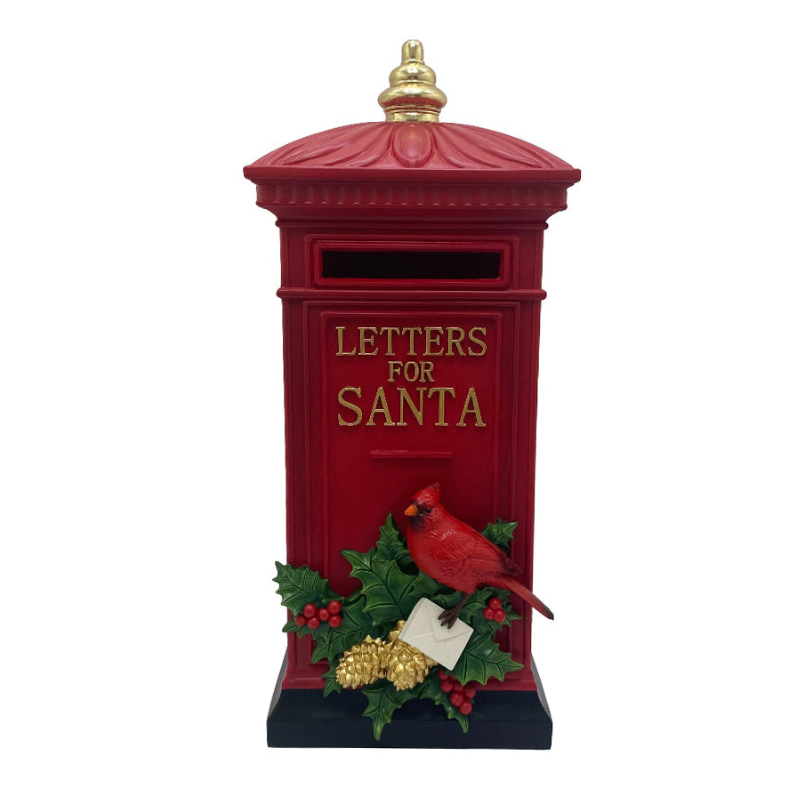 Red mailbox with 'Letters for Santa' text, cardinal bird, and holly decorations 