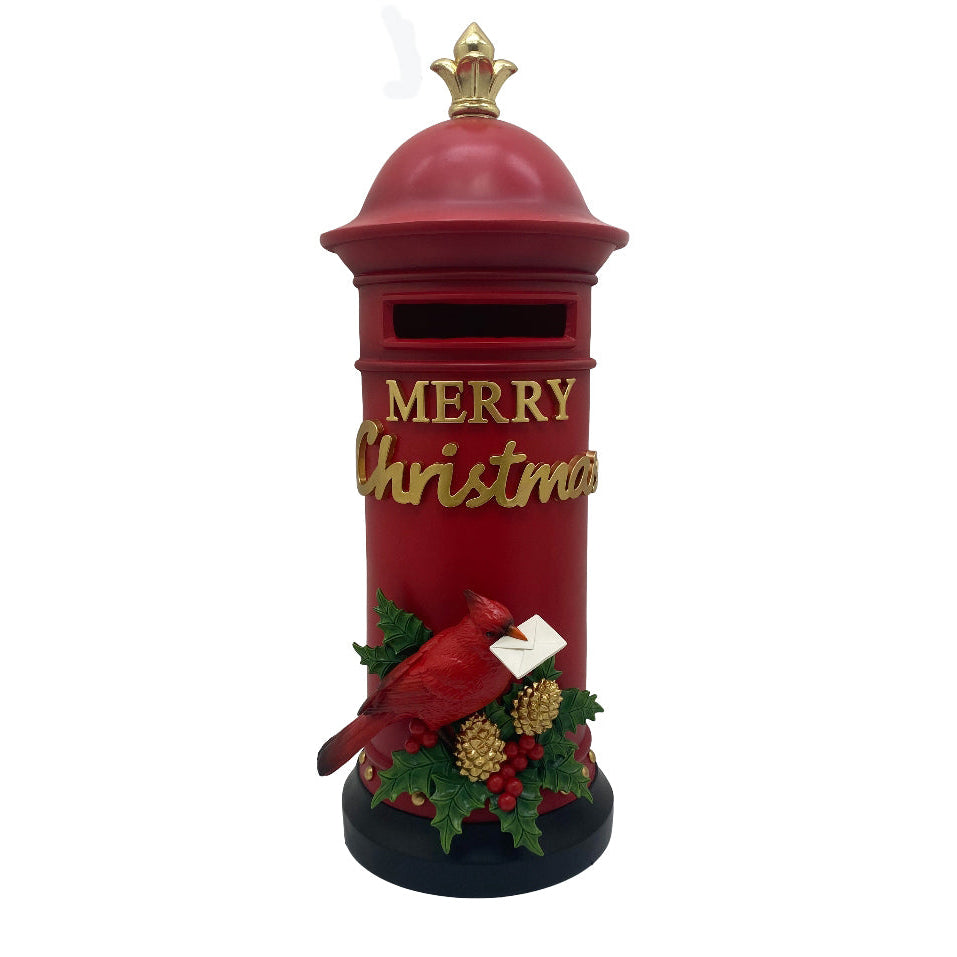 Decorative Christmas mailbox with red cardinal bird sitting on holly design, and Merry Christmas written on the postbox