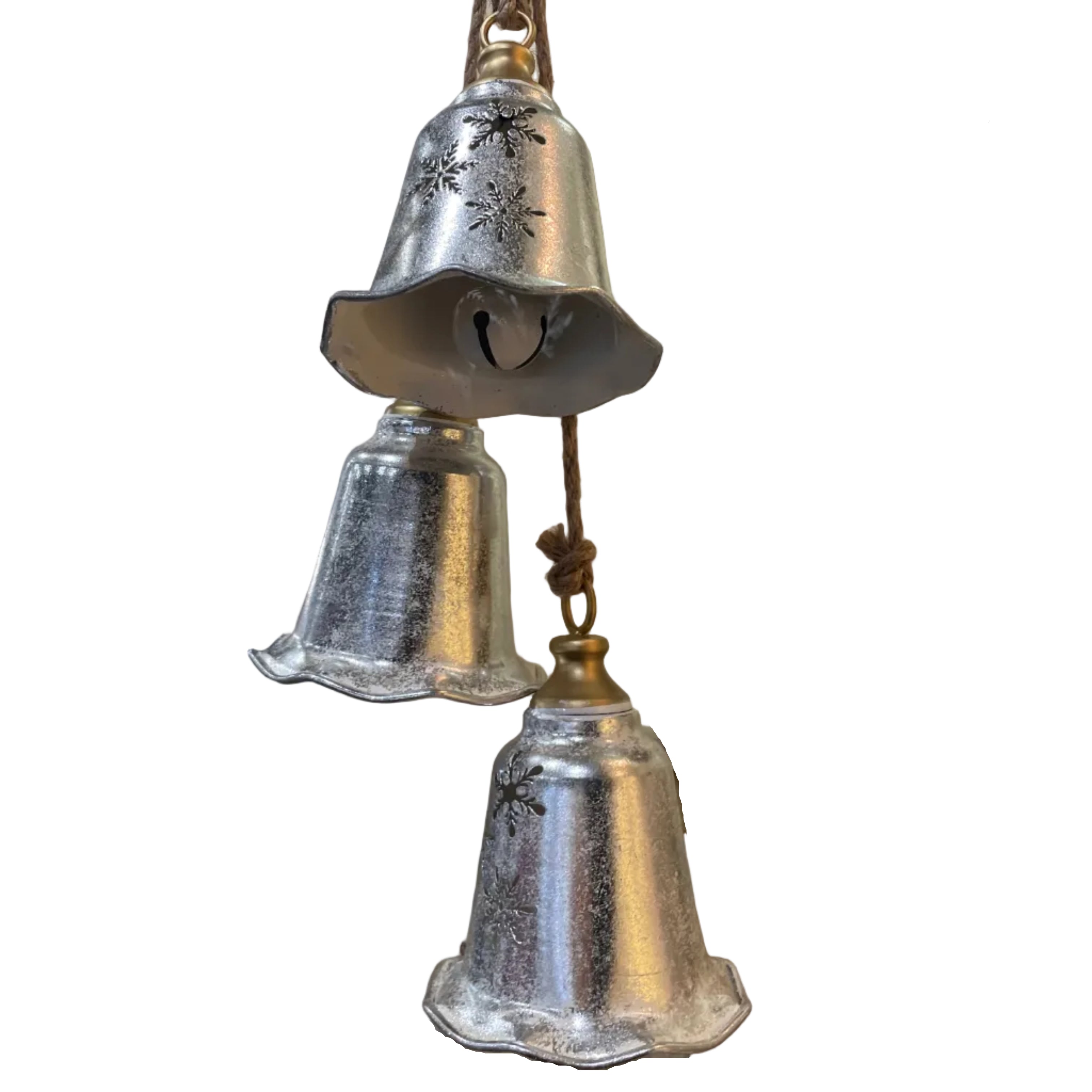 A set of hanging silver Christmas bells with gold-toned tops and snowflake cutouts