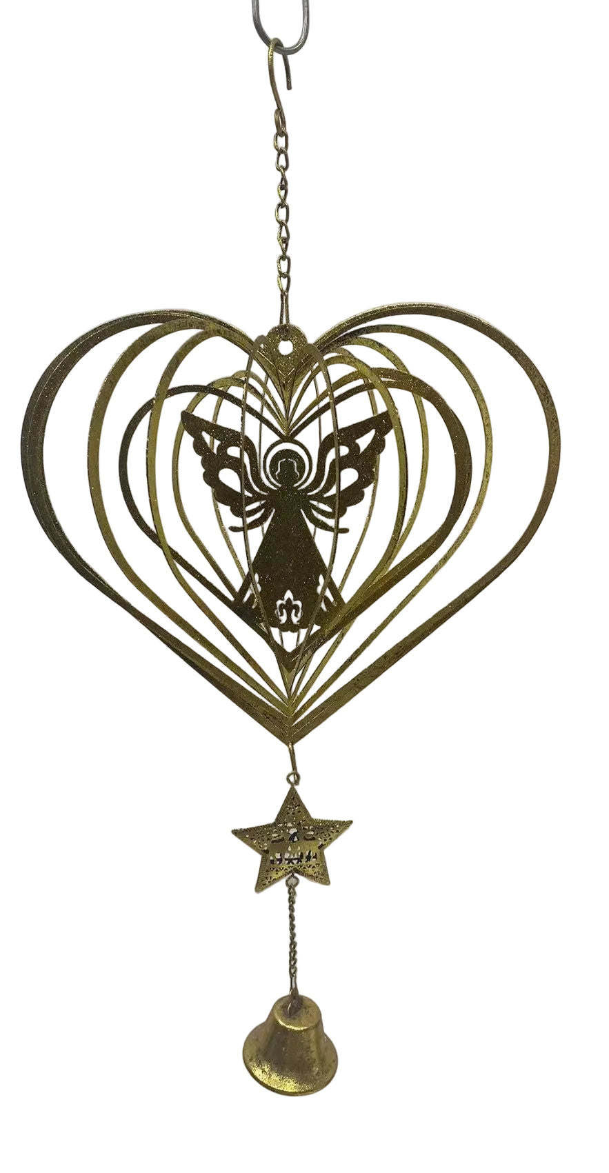 A gold-colored metal heart-shaped ornament with an angel inside, attached to a chain, with a star and bell hanging from the bottom.