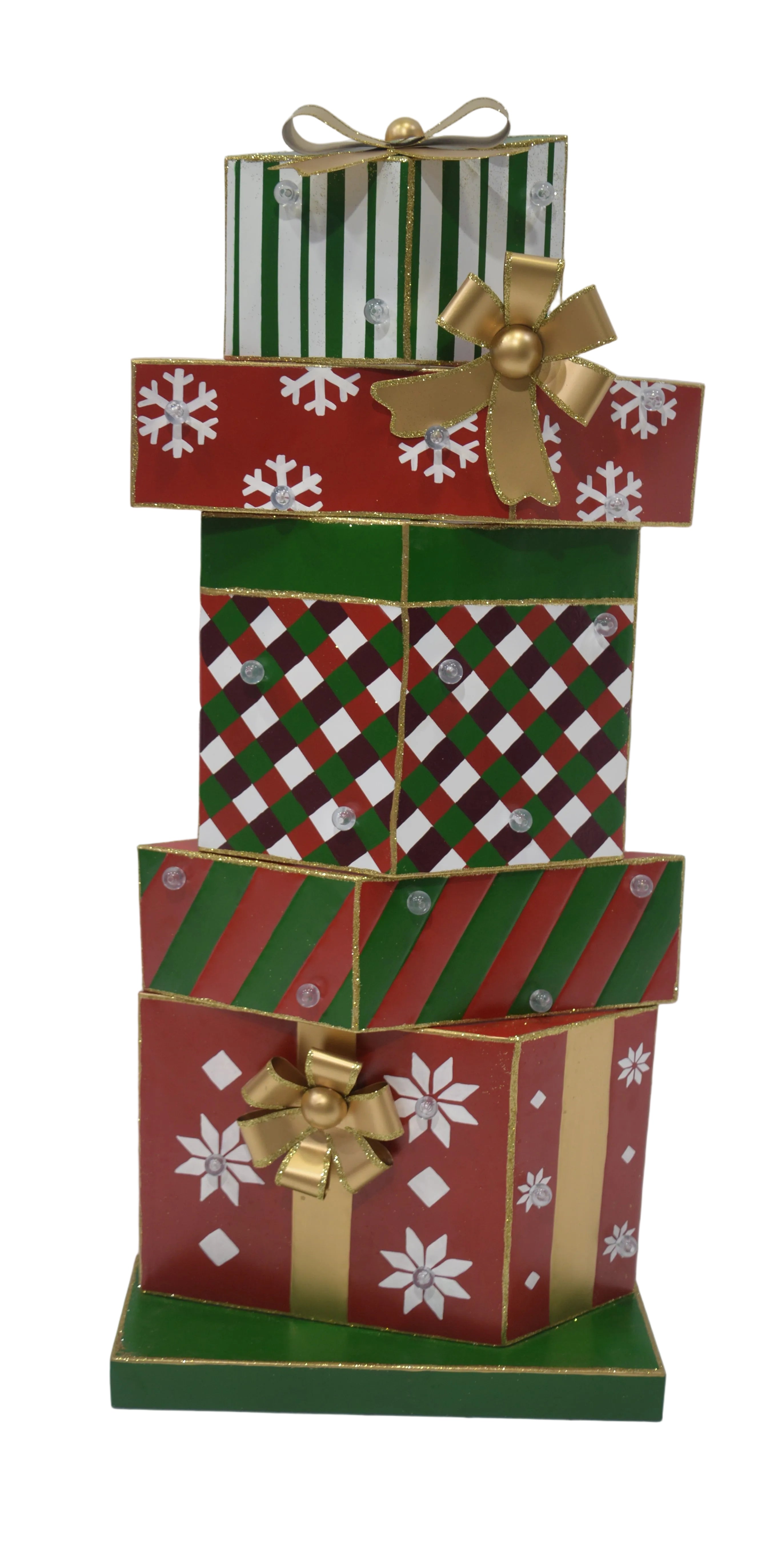 A stack of red and green metal giftboxes with geometric patterns and lights, tied with gold metal ribbons.