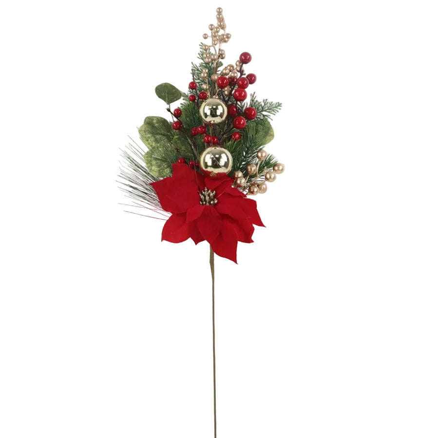 A single Christmas spray with a red poinsettia, green leaves and berries, gold ornaments, and pine branches on a long stem.