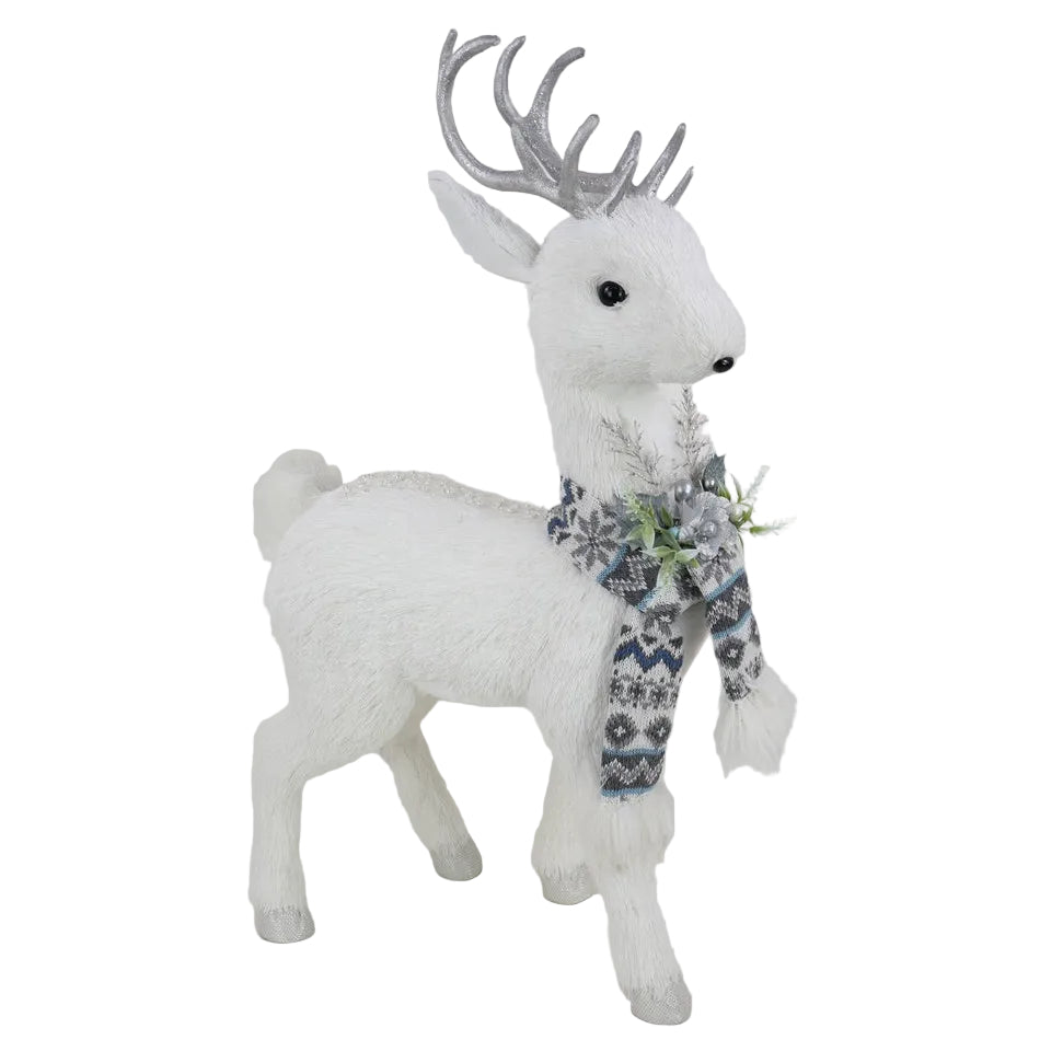 A white faux-fur reindeer decoration with silver glitter antlers and a blue-gray patterned knit scarf.