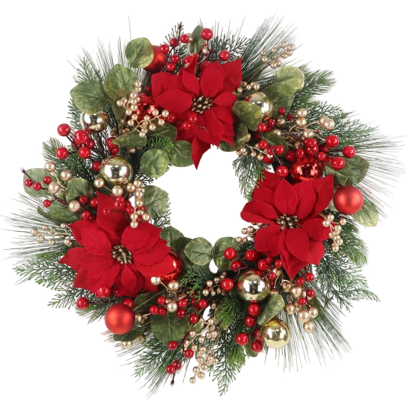 A festive Christmas wreath featuring large red poinsettias, red and gold berries, gold ornaments, and Christmas greens.