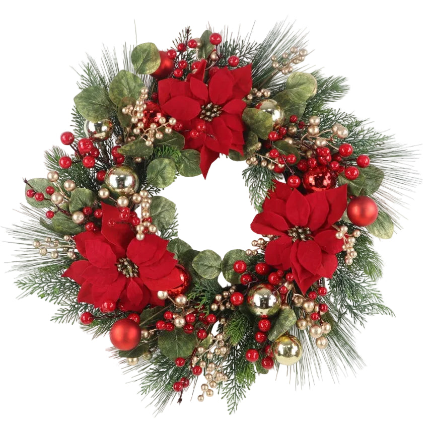 A festive Christmas wreath featuring large red poinsettias, green pine needles, red berries, gold ornaments, and green leaves.