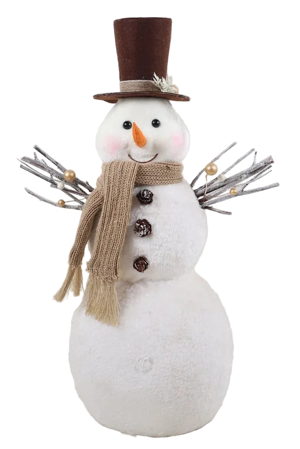 A snowman ornament with a brown scarf and top hat.