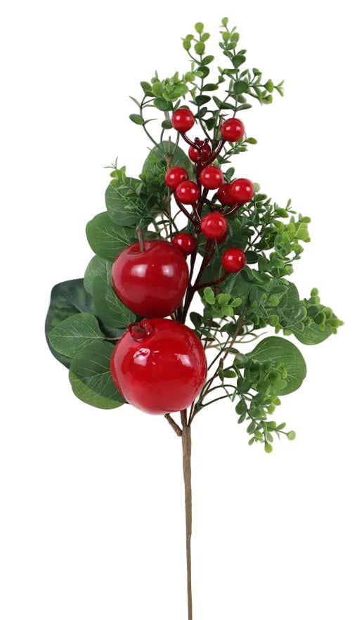 Artificial plant with red berries, red apple, pomegranate  and green leaves.