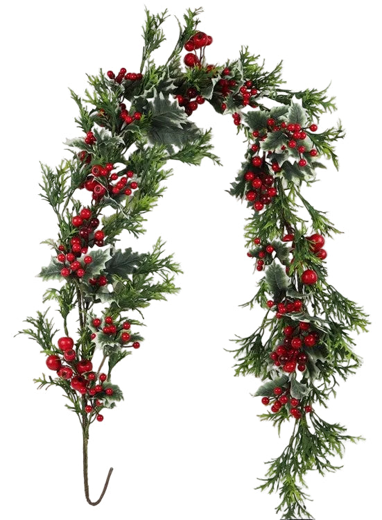 A 5-foot holly berry garland with green leaves and red berries.