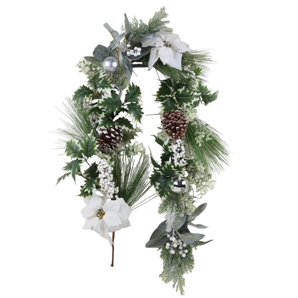 Decorative 5-foot garland with greenery, white poinsettia flowers, and white frosted pinecones 