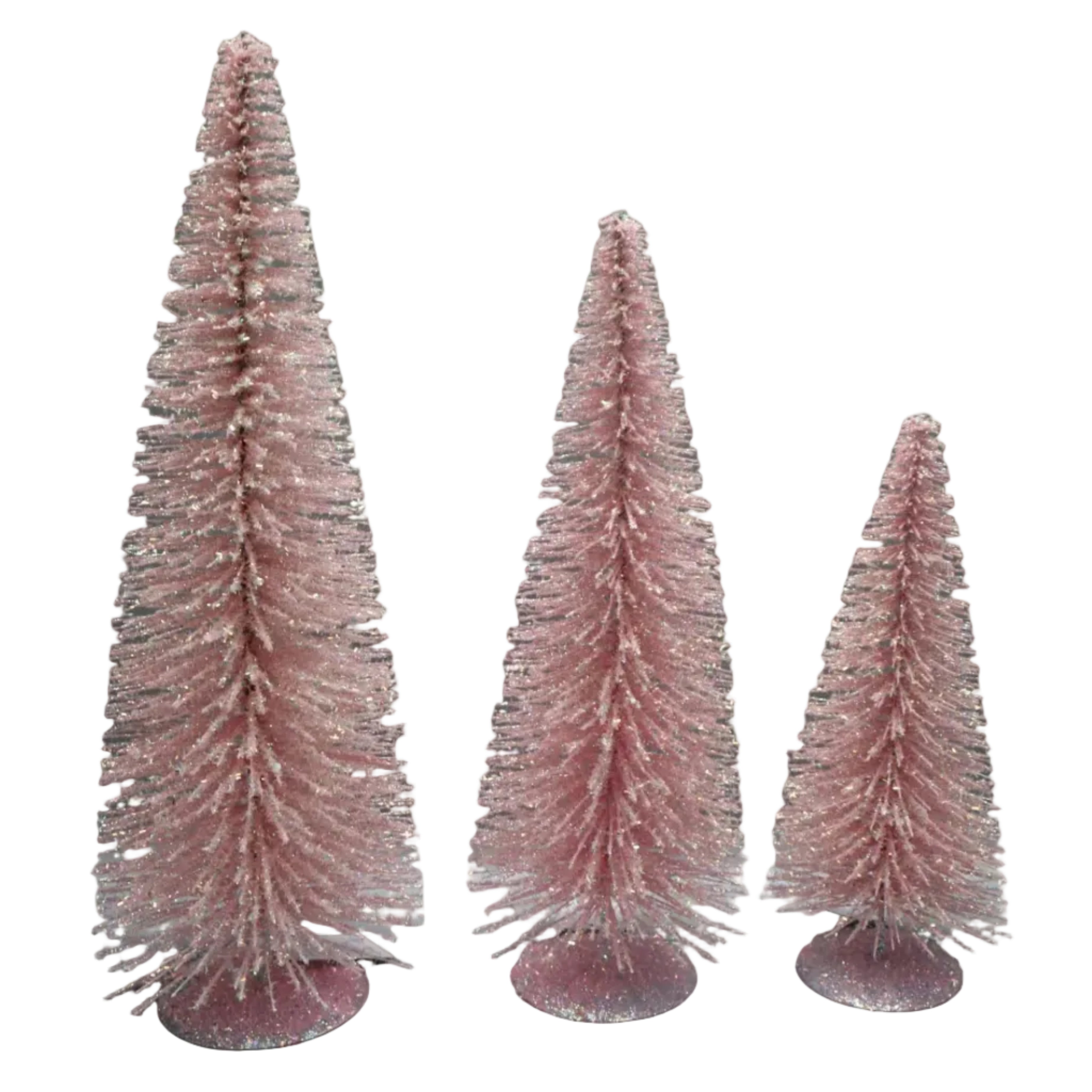 Three small pink bottlebrush Christmas trees in different heights