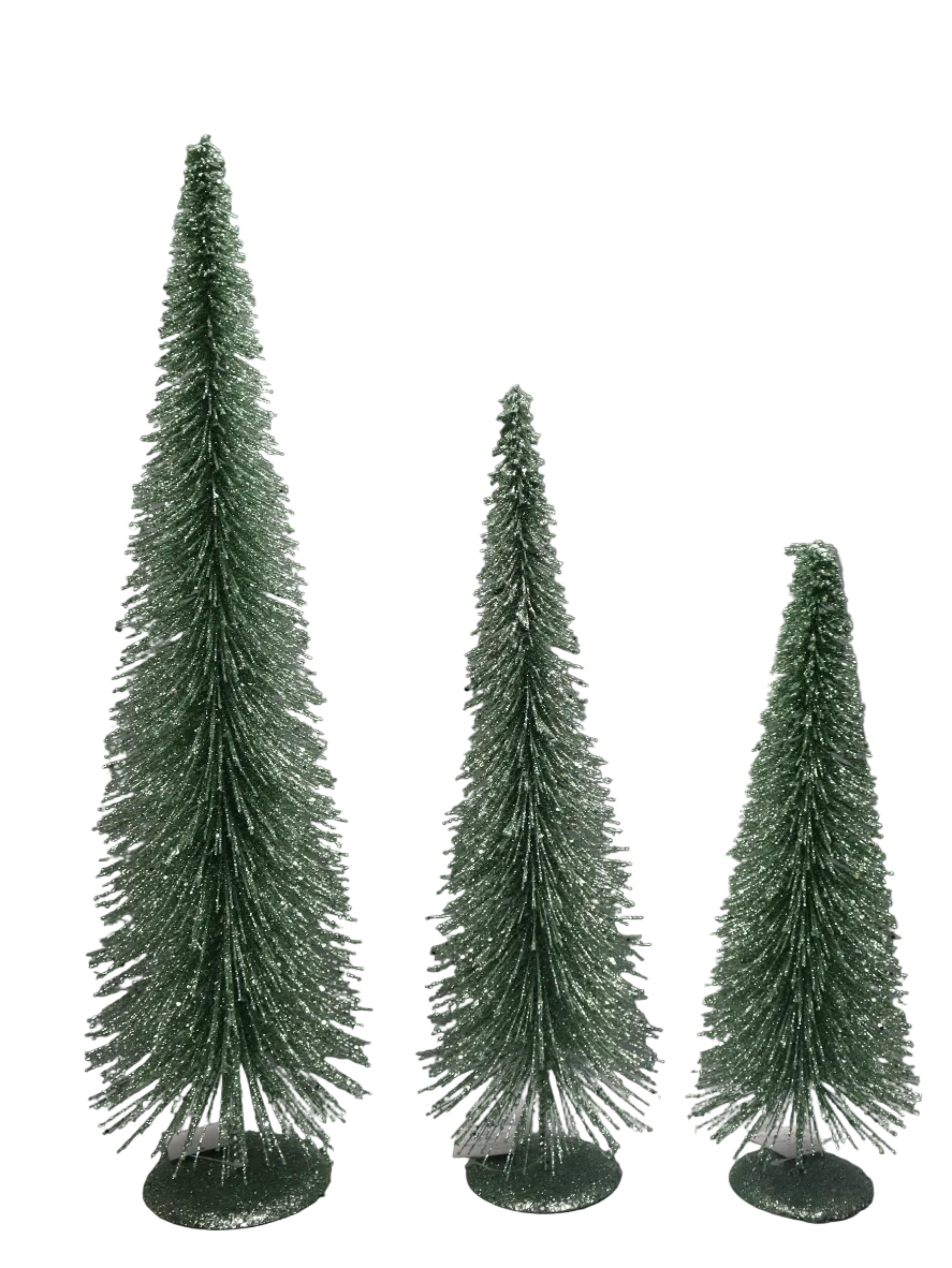 Three small green glittery Christmas tree decorations in different heights, standing on round bases 