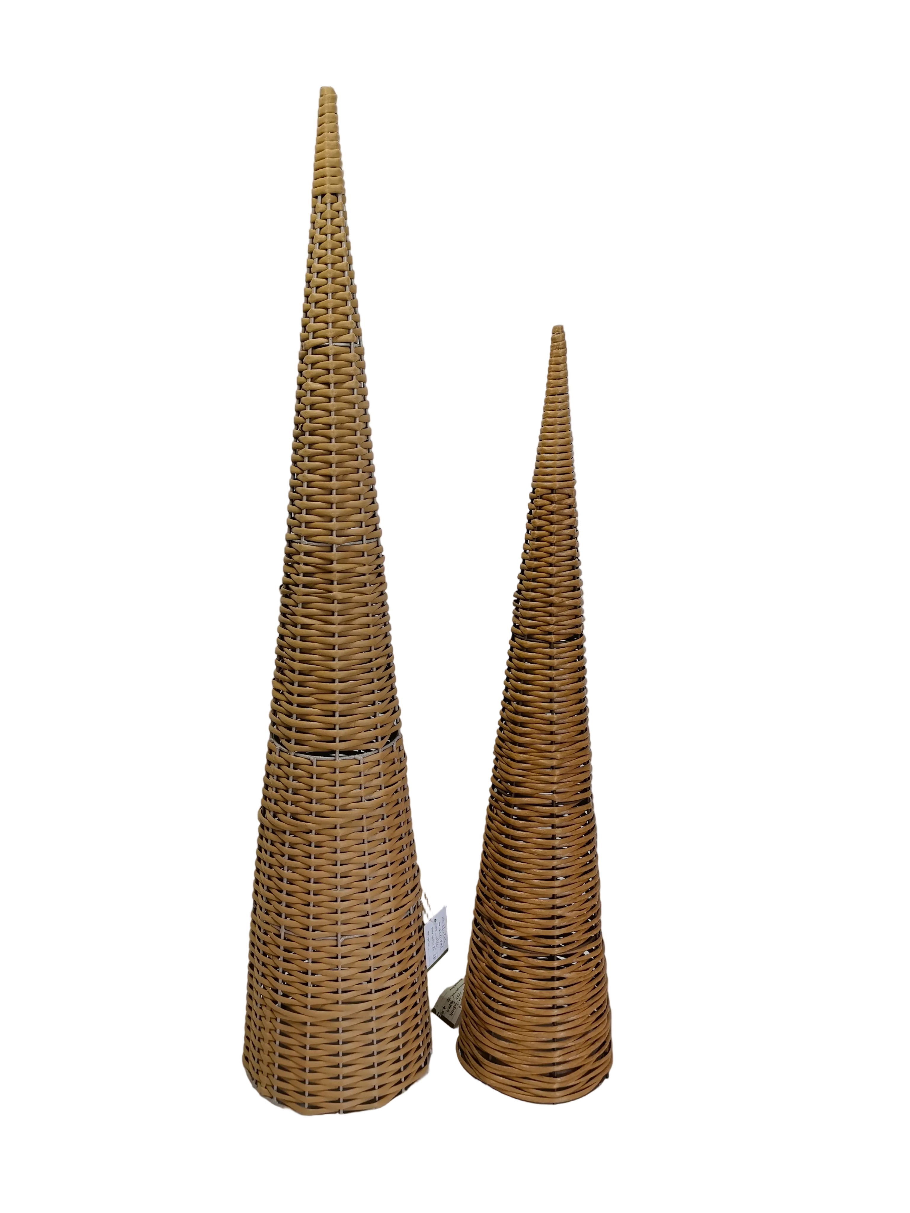 Two natural woven wicker Christmas tree cone decorations of different heights.