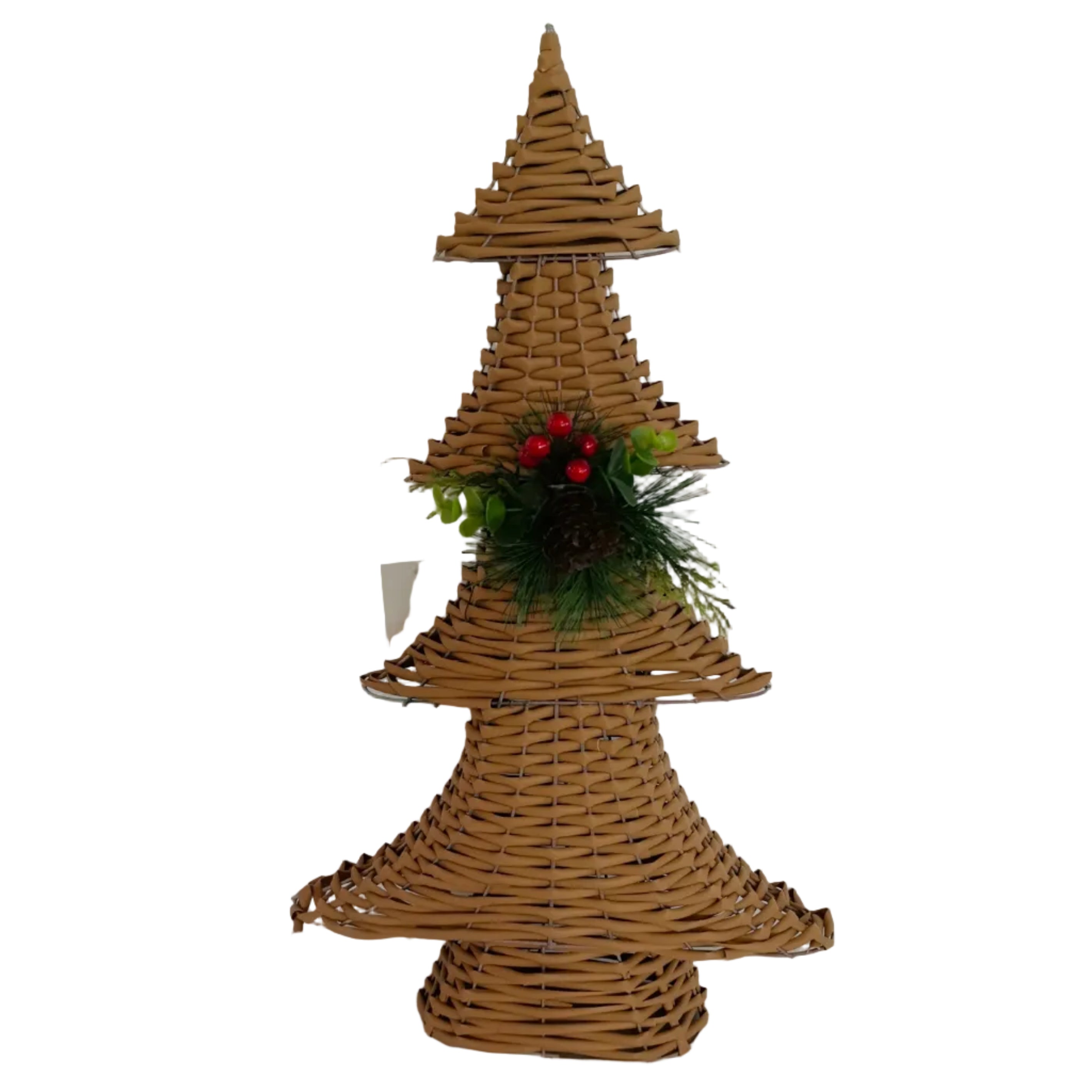 A tiered, wicker-wrapped Christmas tree decoration with a small green and red pine garland accent in the center.
