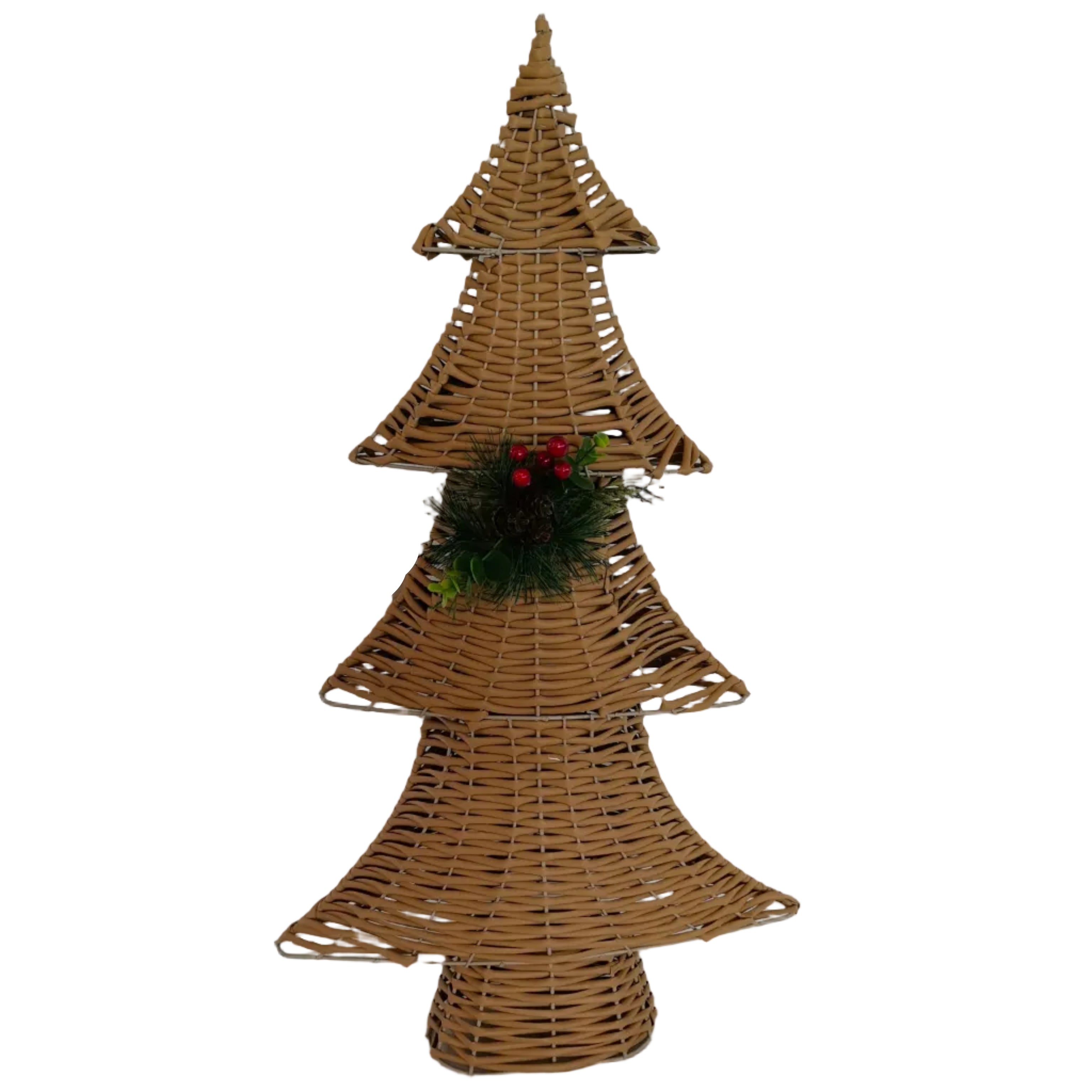 A tiered wicker Christmas tree decoration with a small green pine garland and red berry accents in the center.