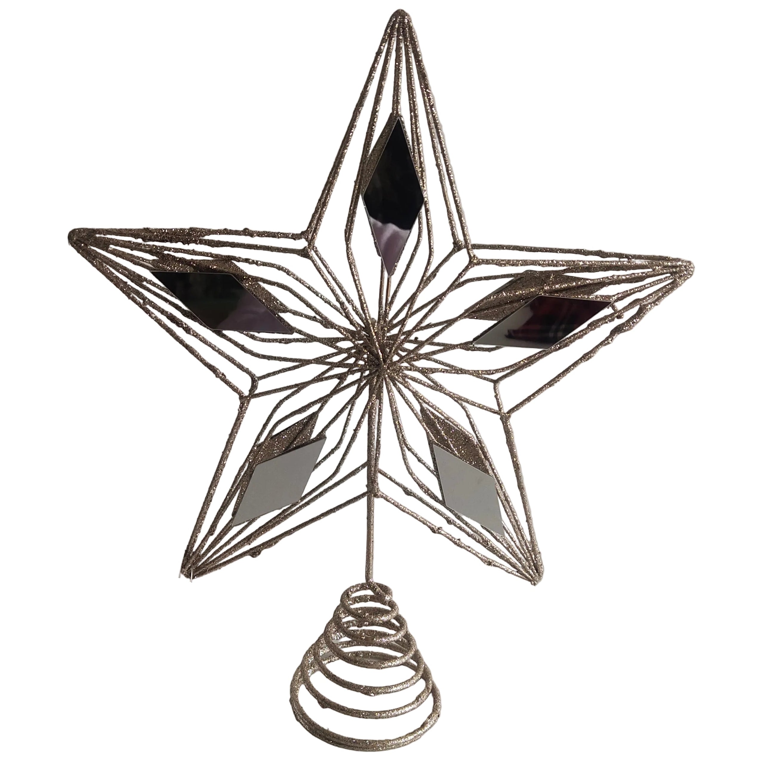 A rustic wire star tree topper with a spiral wire base, decorated with mirrored facets.