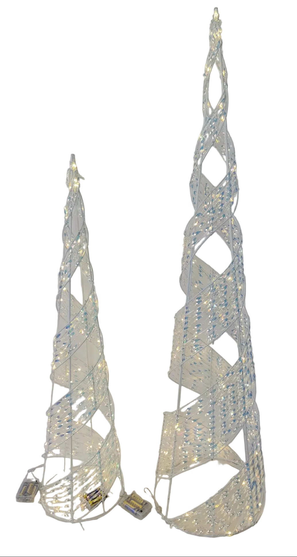 Two LED Christmas trees with clear and silver decorations