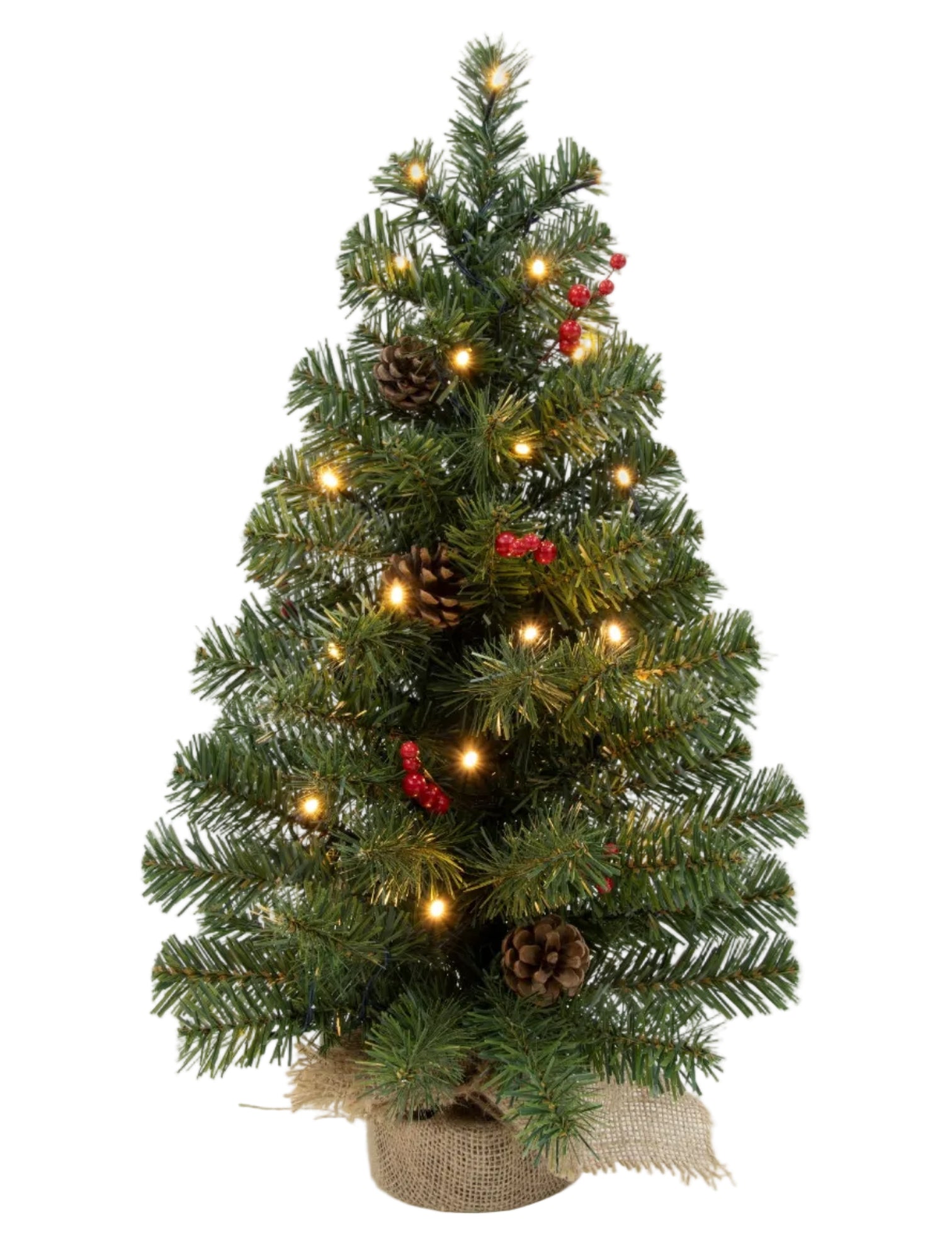 A 24 inch tabletop Christmas tree with green pine branches and brown pinecones, decorated with small white lights and red ornaments.