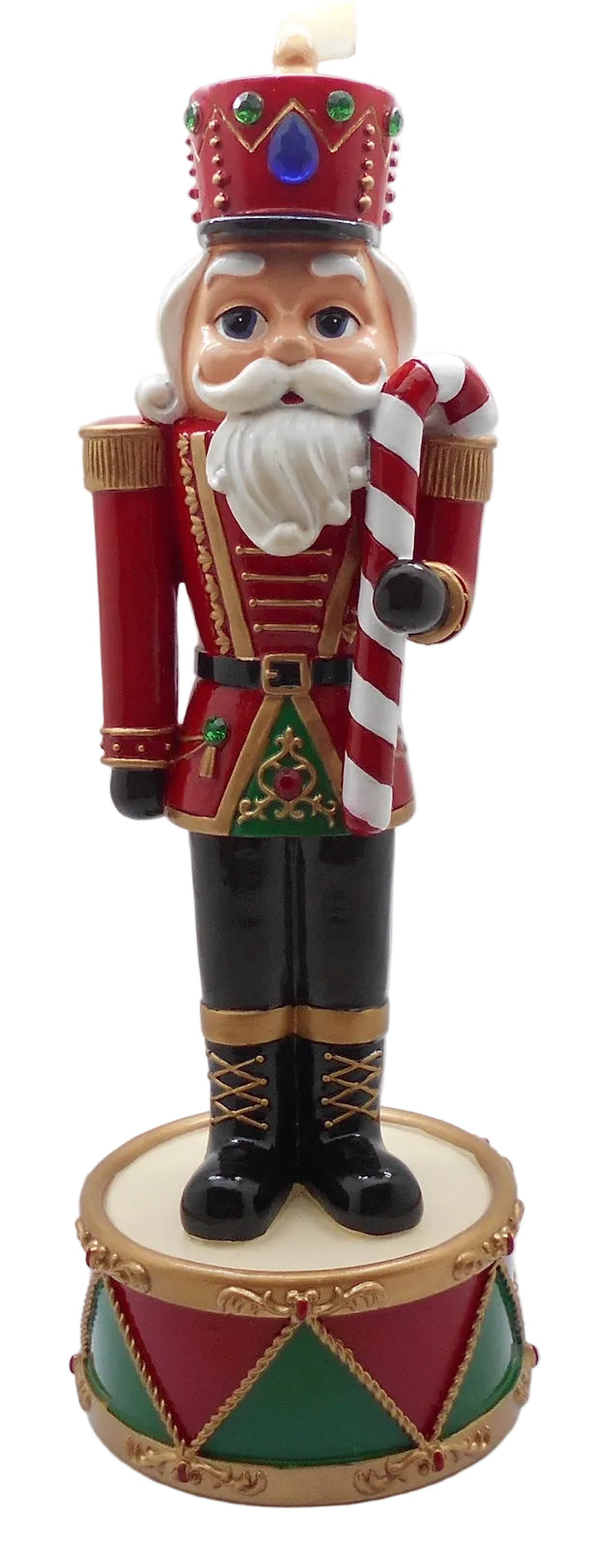 A 30cm tall nutcracker music box featuring a red jacket and blue pants, holding a golden staff, with a Santa Claus hat on.