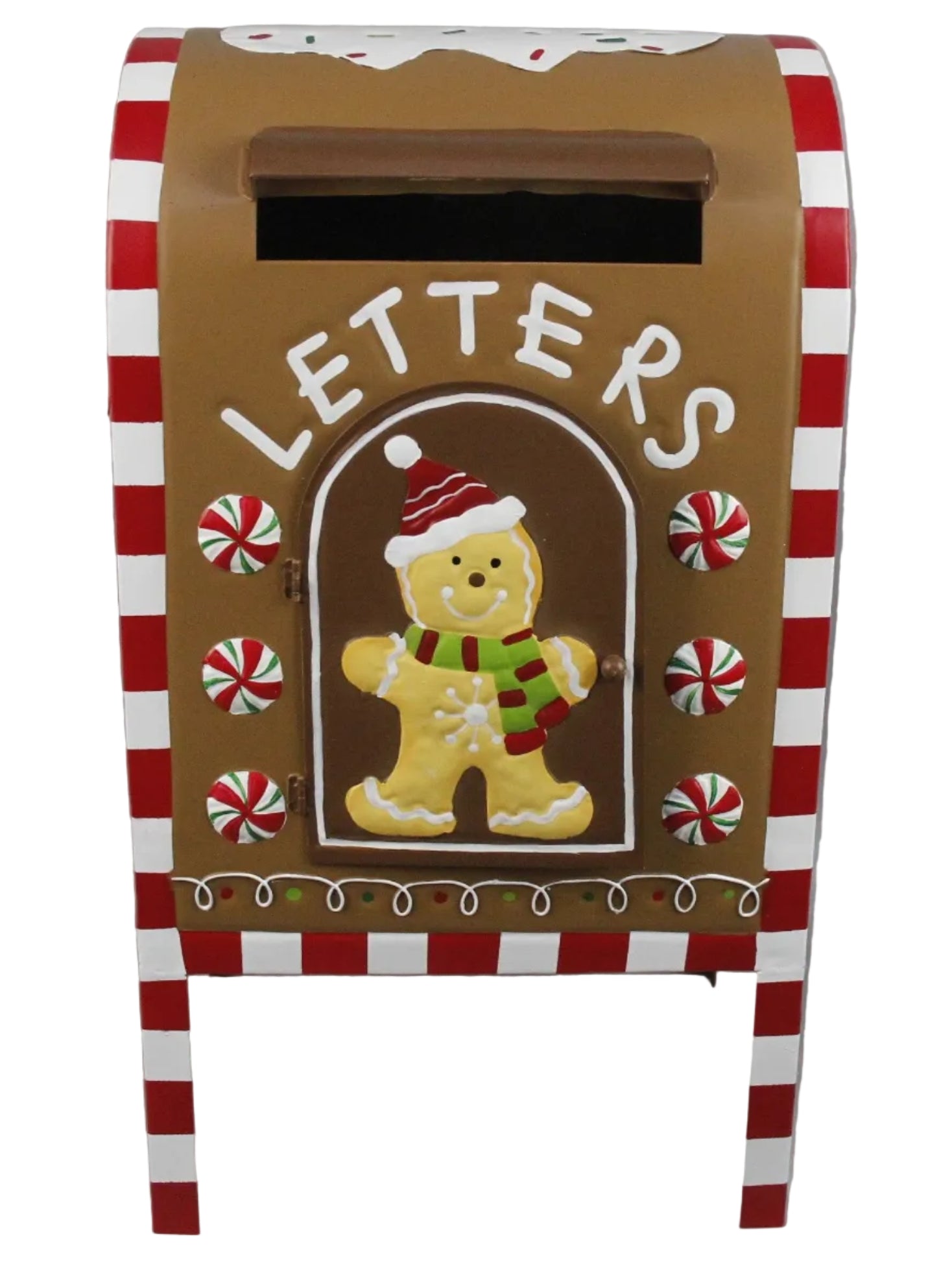 A large brown mailbox with a gingerbread man and Christmas design, featuring a red and white striped trim.