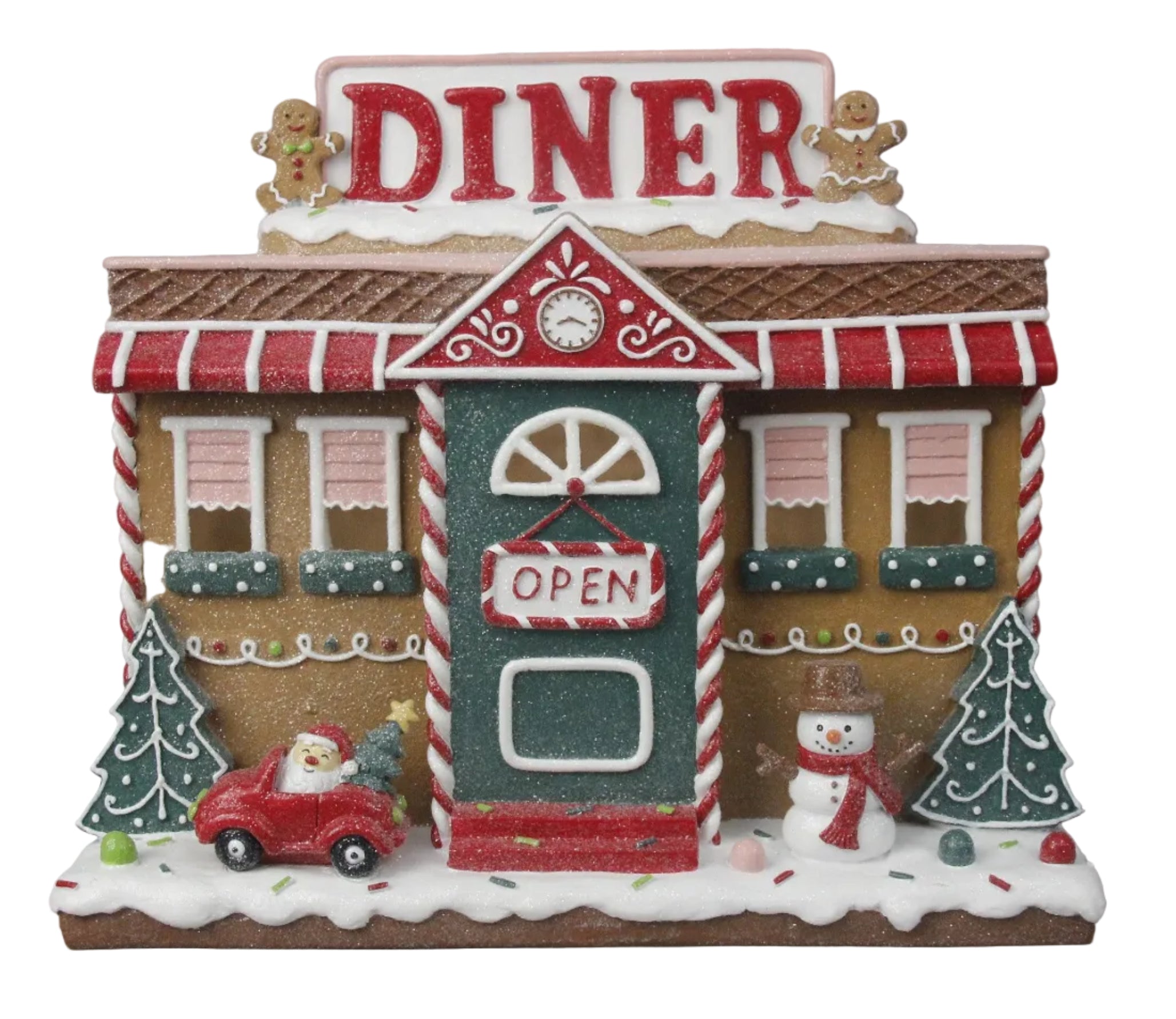 A decorative gingerbread diner holiday ornament featuring a red car with Santa and a white snowman.