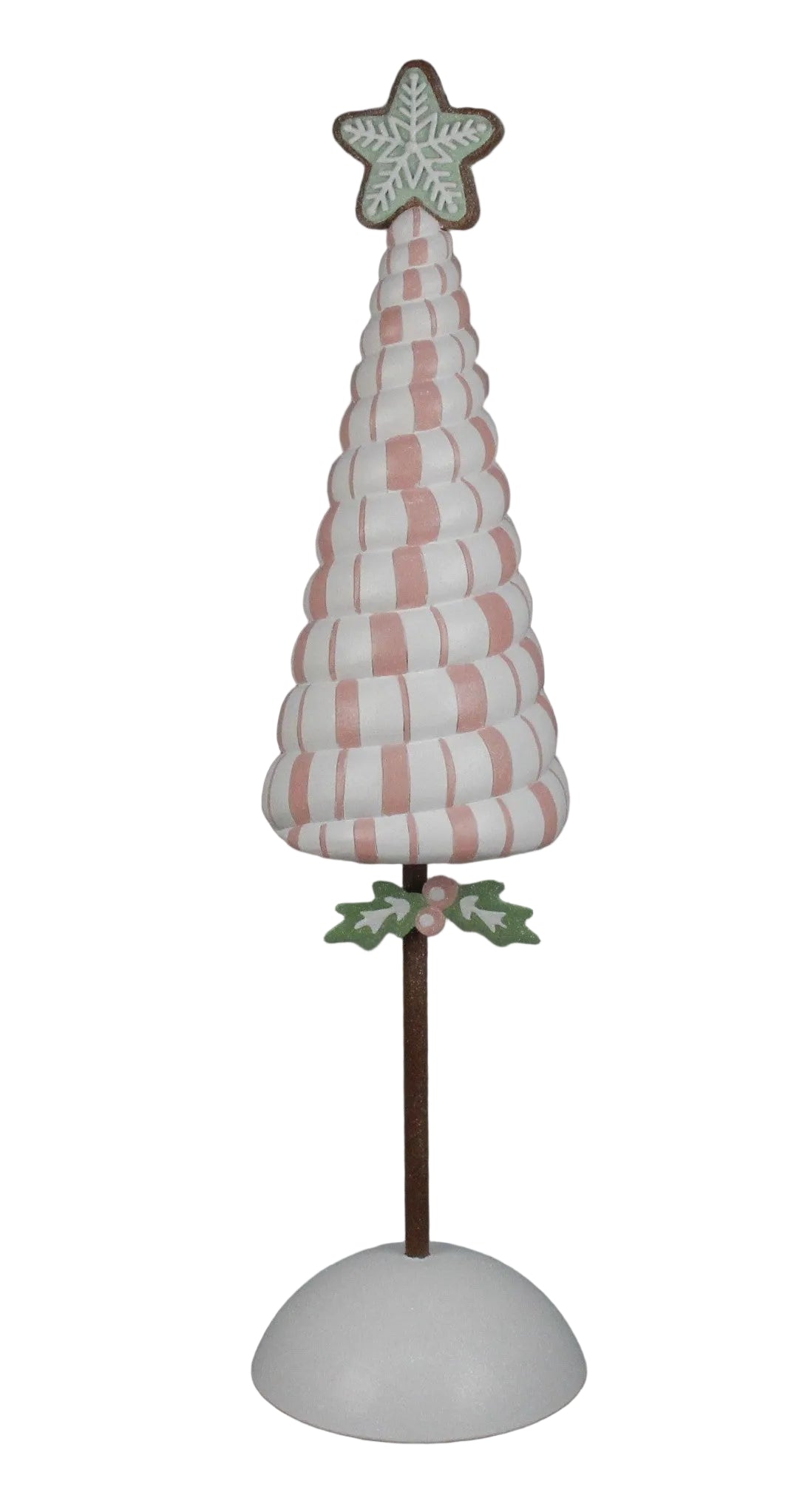 A pink and white striped Christmas tree ornament with a swirl design, mounted on a white base.