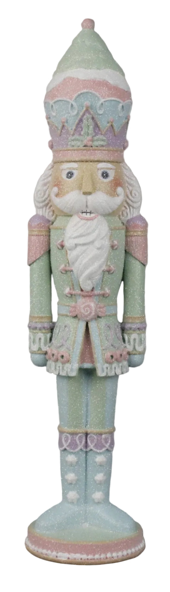 A decorative nutcracker figurine in the form of a character wearing a crown and military-style outfit.