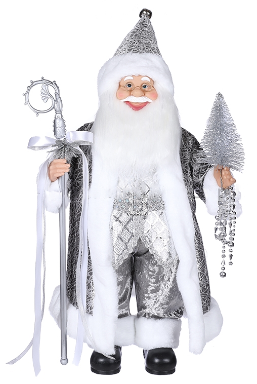 A silver-colored Santa Claus ornament holding a Christmas tree.