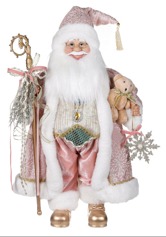 A 60 cm tall pink Santa Claus figurine with a snowflake pattern on his coat, holding a golden staff and a plush teddy bear.