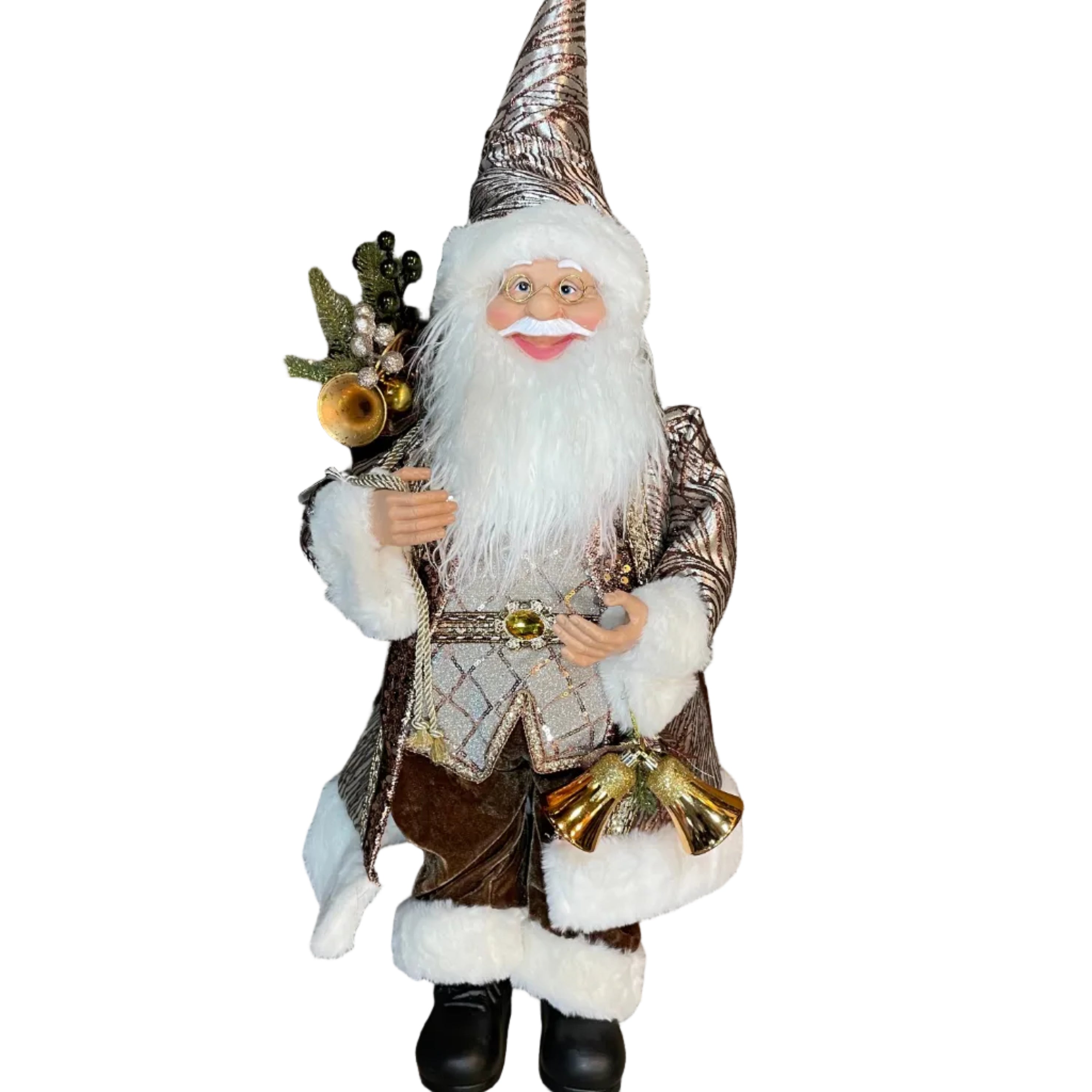 A decorative Christmas Santa figurine with a tall metallic bronze hat, white beard, bronze and white patterned outfit, and black boots.