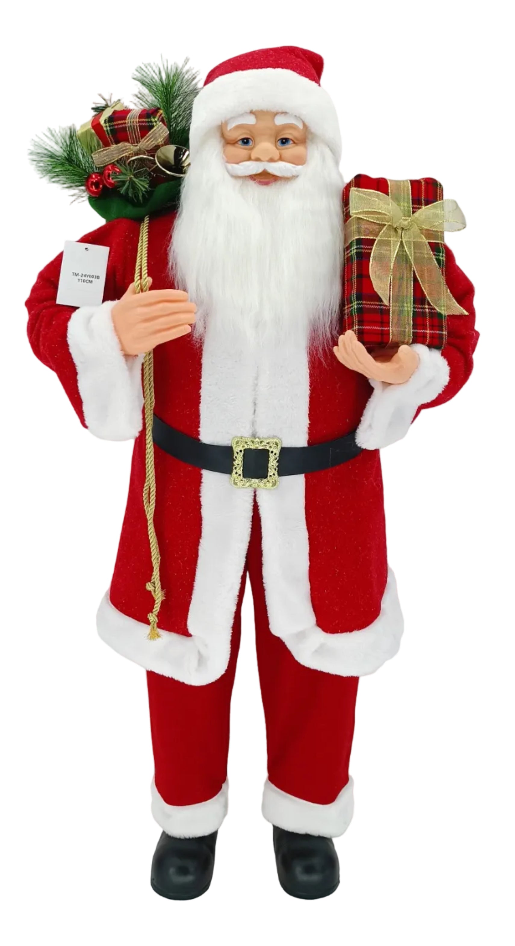 A 110cm standing Santa Claus figure in a red and white outfit, holding a Christmas tree and a present.