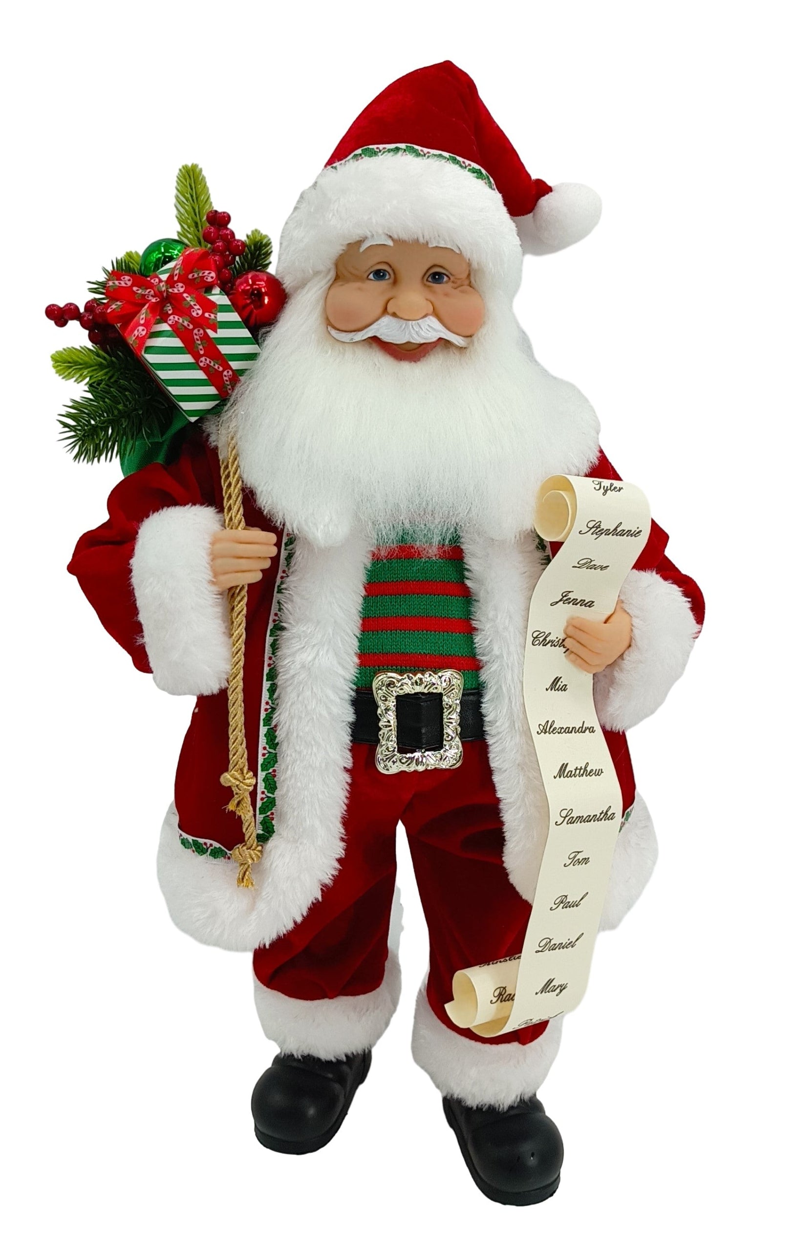 A 60cm tall figurine of a red Santa Claus with a buckle, holding a gift bag and list.