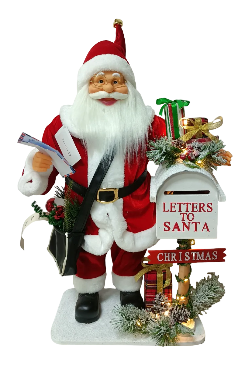 A 60cm tall Santa Claus figurine with a postbox, holding a letter.
Size: 47x25x60cm
Lights / Music